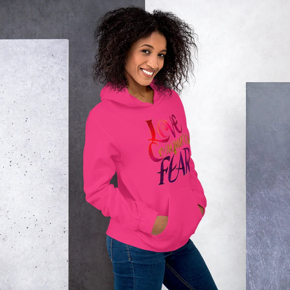 Love Conquers Fear Hoodie – Motivational Gradient Typography - RaZits