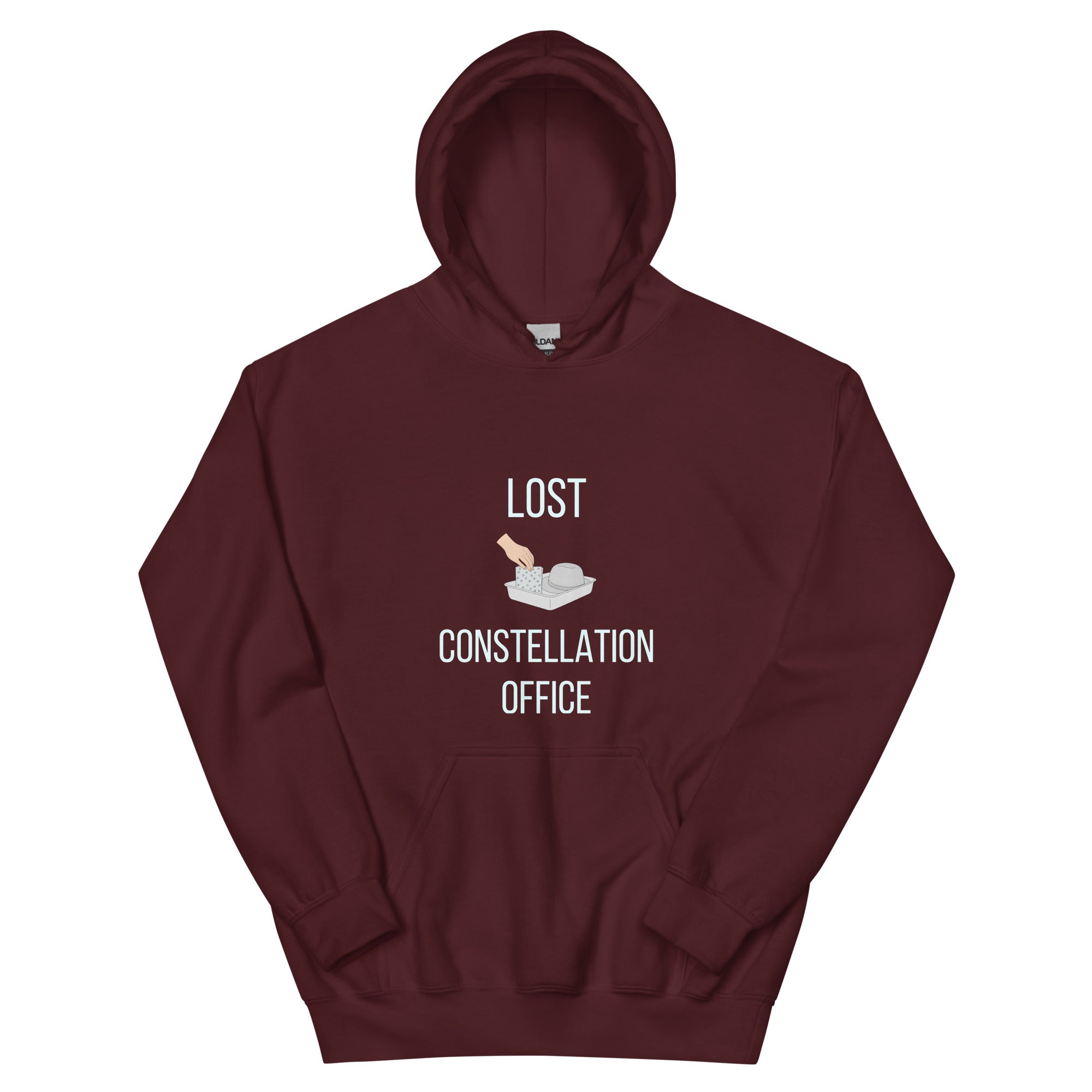 Maroon constellation hoodie front with the Lost Constellation Office design