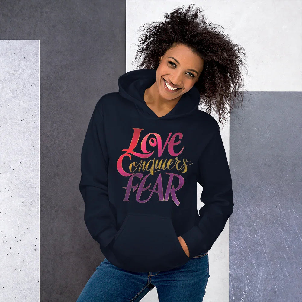 Love Conquers Fear Hoodie – Motivational Gradient Typography - RaZits