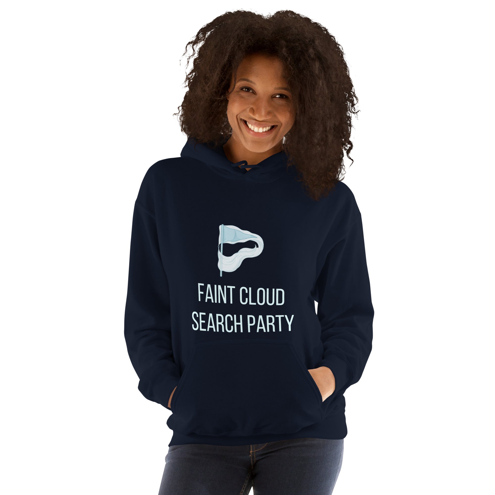 Smiling woman in the navy Faint Cloud Search Party nebula hoodie, front view of the flag and lettering