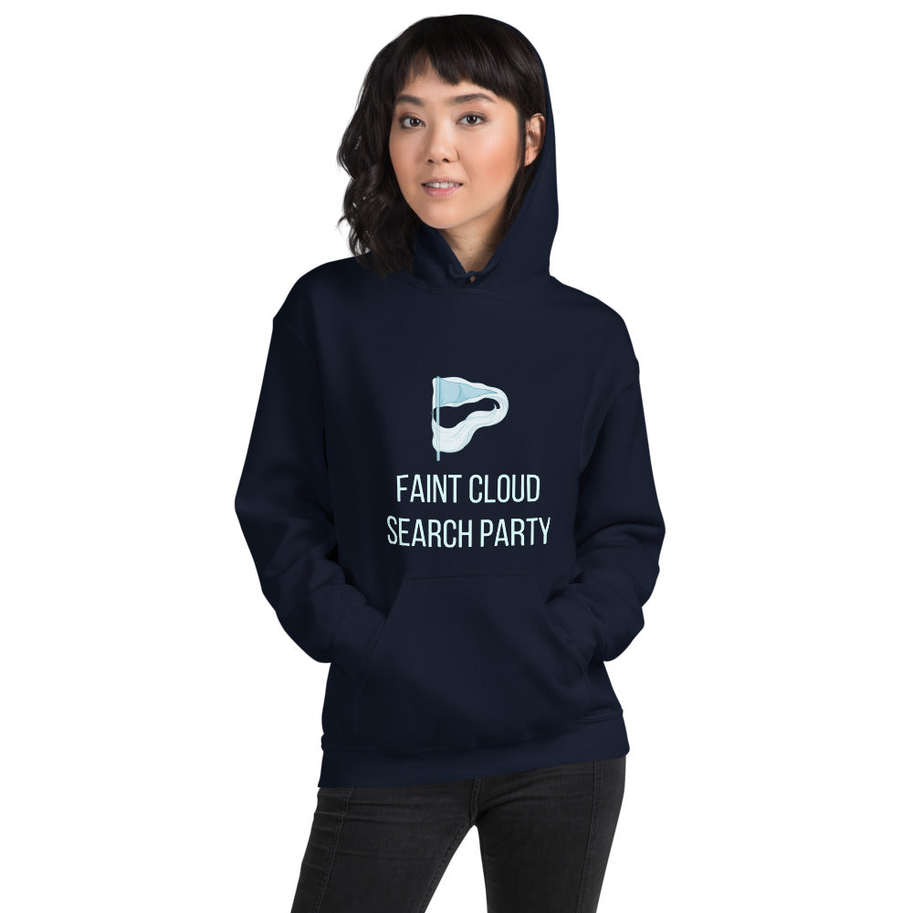 Woman with the hood up in the navy Faint Cloud Search Party stargazing hoodie
