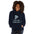 Woman in a navy nebula hoodie printed with a pale flag and FAINT CLOUD SEARCH PARTY, front view