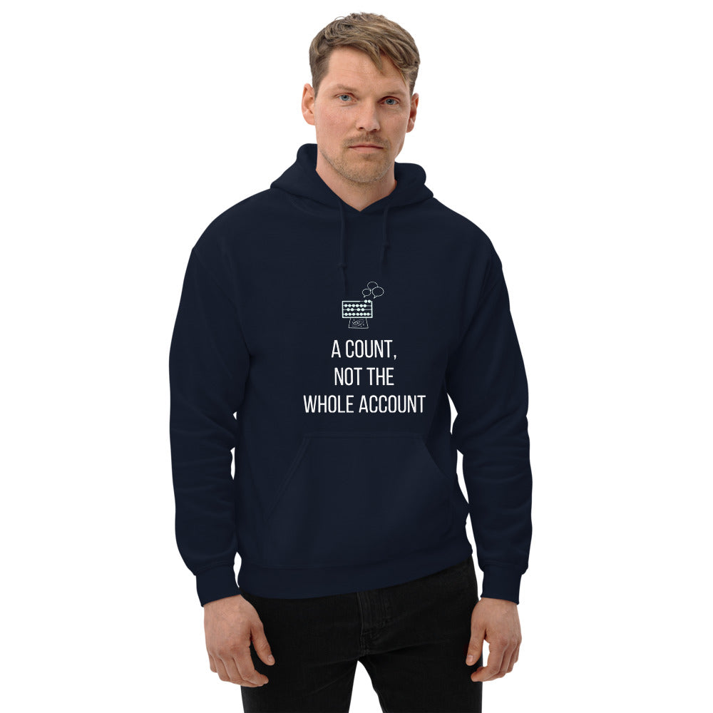 Men's navy A Count, Not the Whole Account hoodie worn front-on, abacus and speech bubbles above white lettering