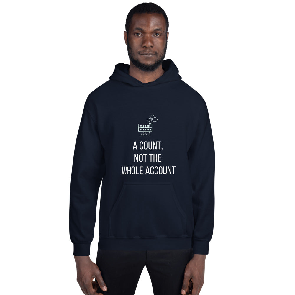 Man wearing the navy star party hoodie with the A Count, Not the Whole Account abacus print, front view