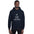Man wearing the navy star party hoodie with the A Count, Not the Whole Account abacus print, front view