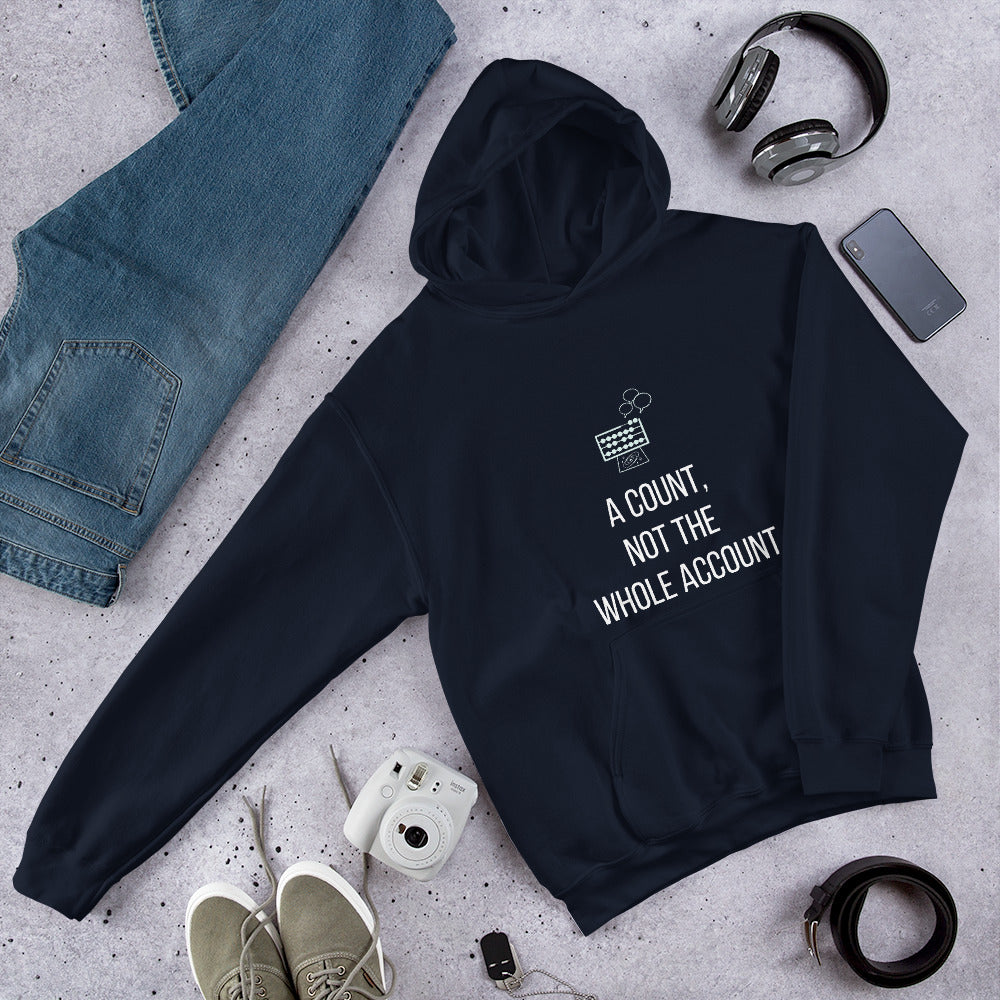 Navy A Count, Not the Whole Account star party hoodie laid flat with jeans, headphones and an instant camera