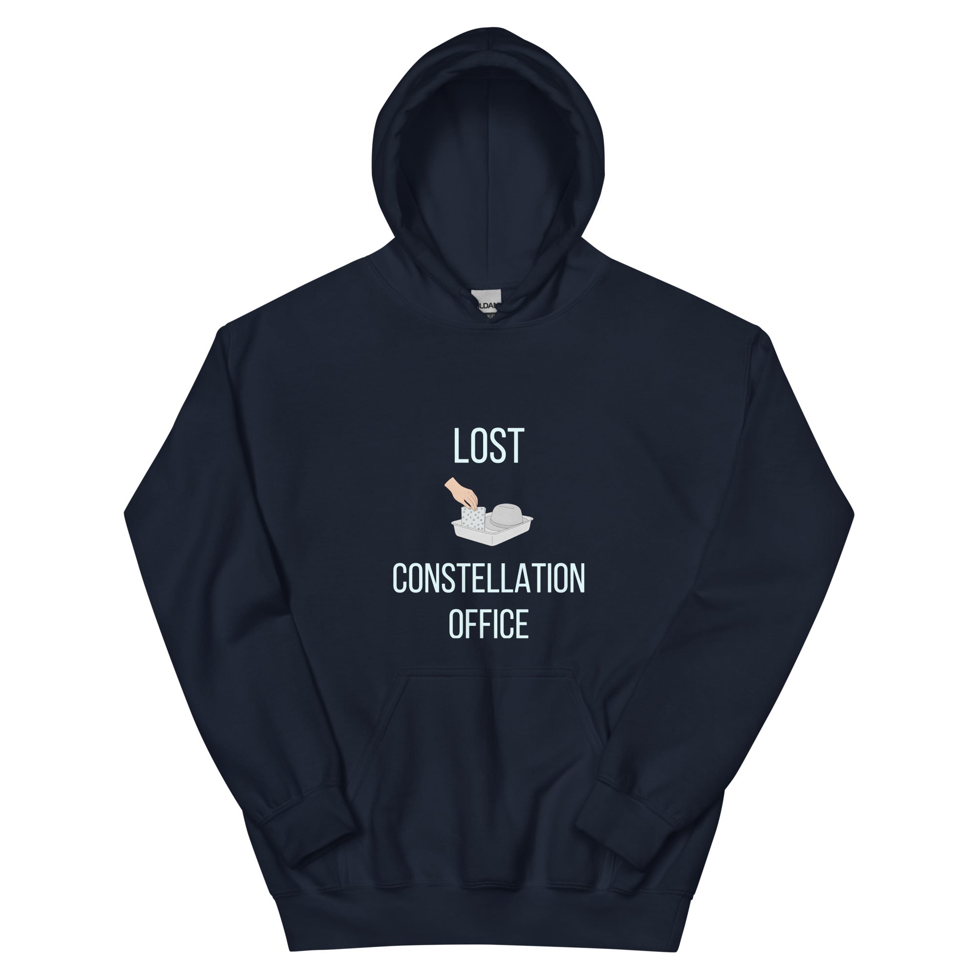 Navy Lost Constellation Office constellation hoodie product photo, front view of the LOST CONSTELLATION OFFICE design