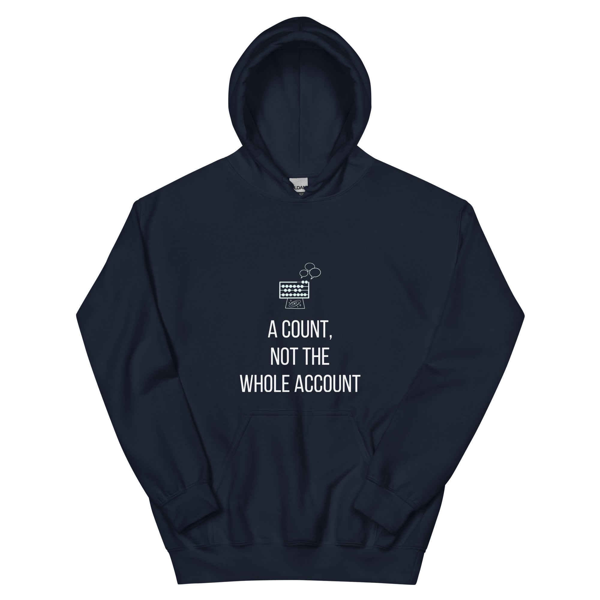Navy A Count, Not the Whole Account star party hoodie product photo, front view of the abacus print