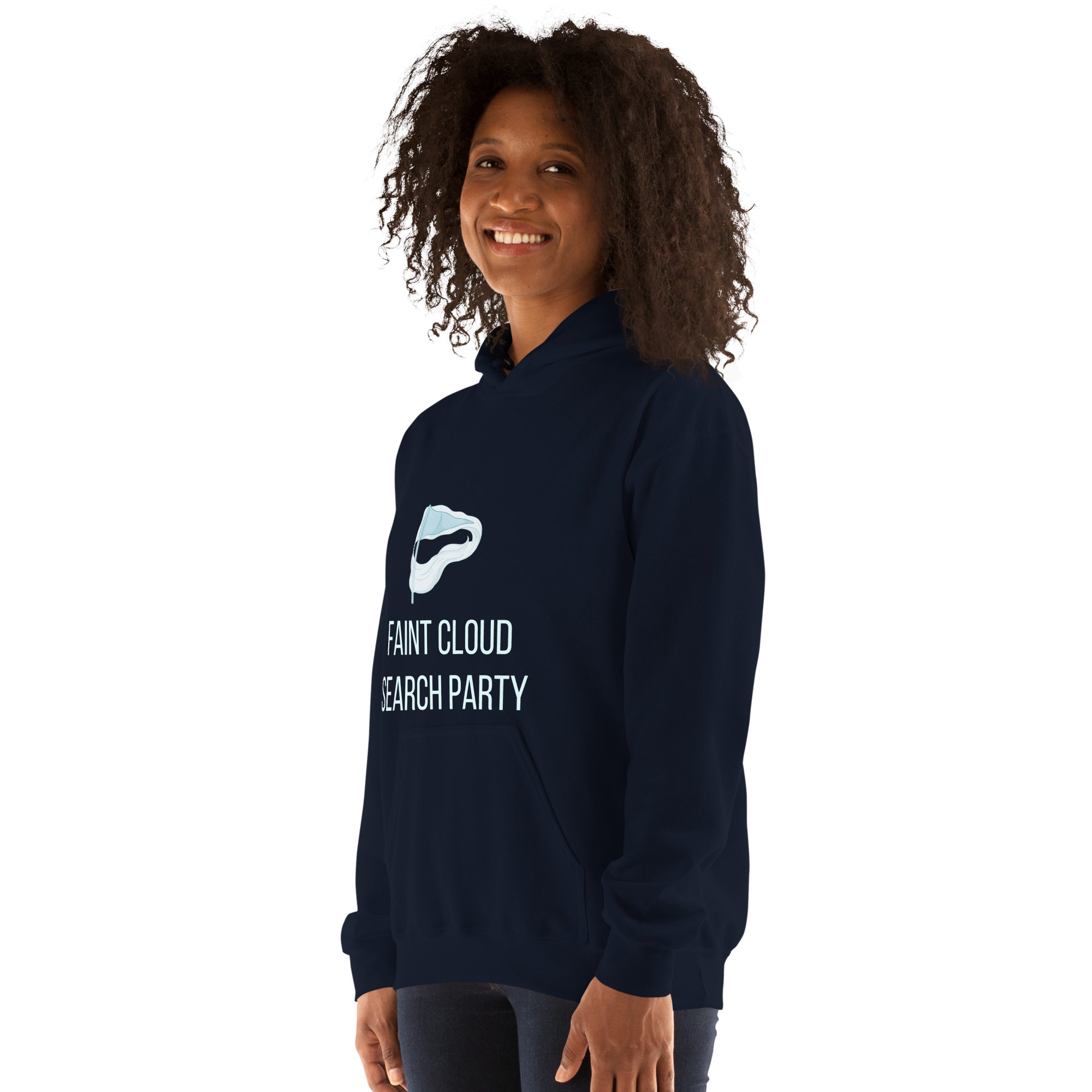 Navy Faint Cloud Search Party nebula hoodie, angled view from the left