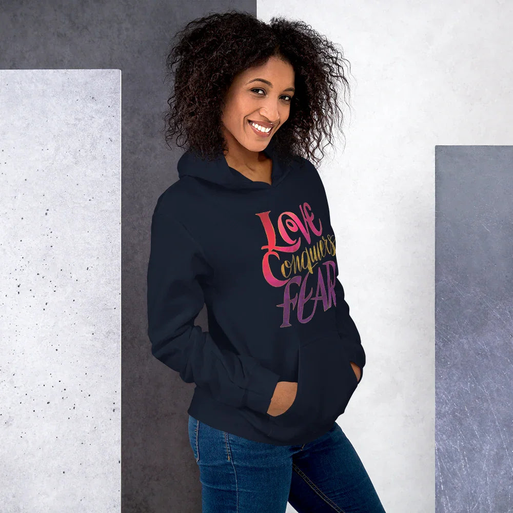 Love Conquers Fear Hoodie – Motivational Gradient Typography - RaZits