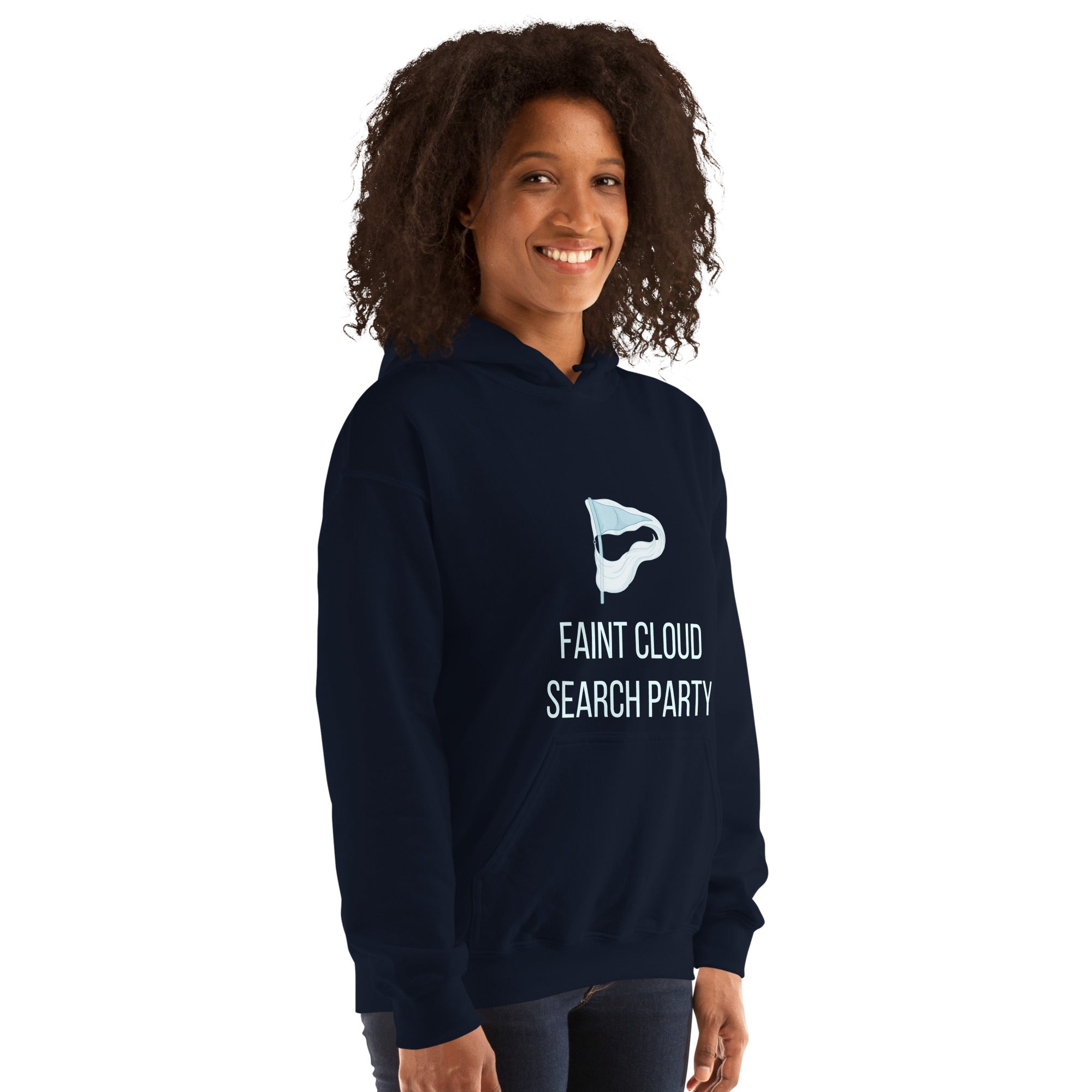 Navy Faint Cloud Search Party nebula hoodie, angled view from the right