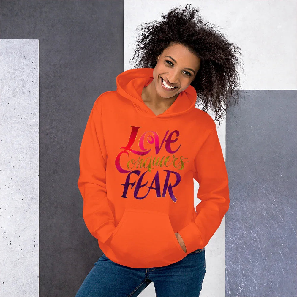 Love Conquers Fear Hoodie – Motivational Gradient Typography - RaZits