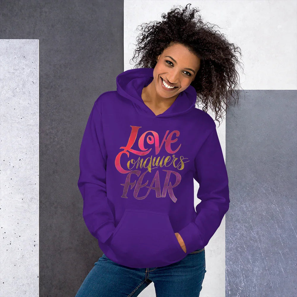 Love Conquers Fear Hoodie – Motivational Gradient Typography - RaZits
