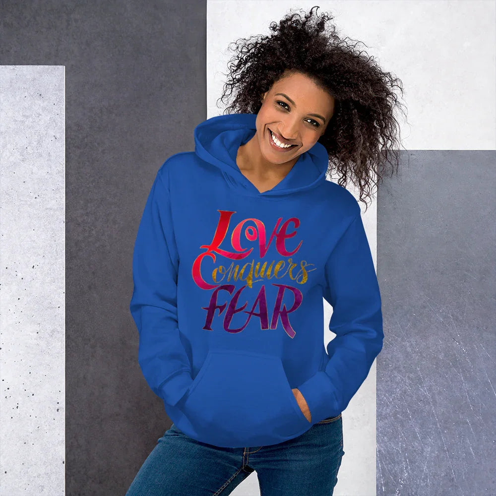 Love Conquers Fear Hoodie – Motivational Gradient Typography - RaZits