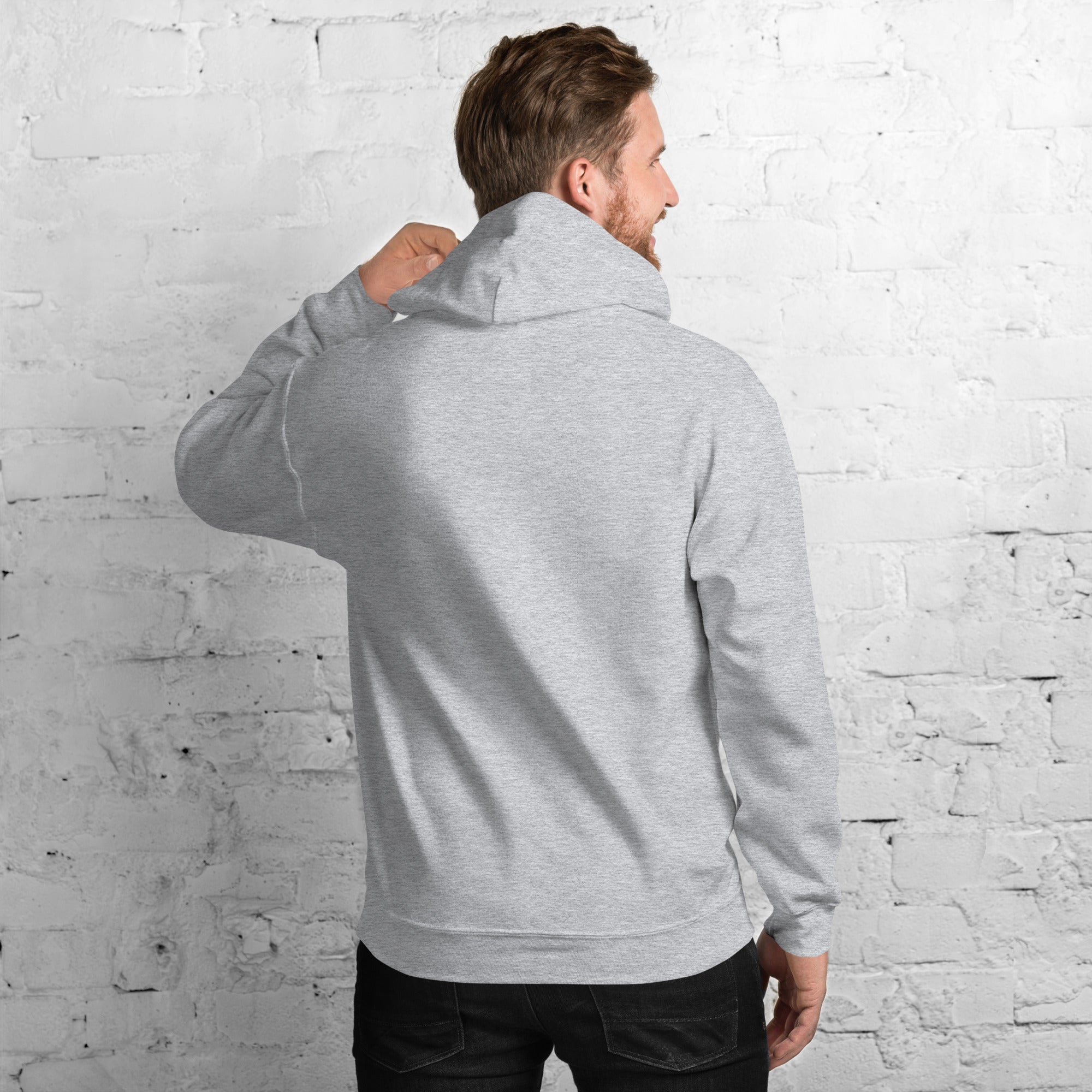 Back of the sport grey Field Work astronomy hoodie, plain with hood