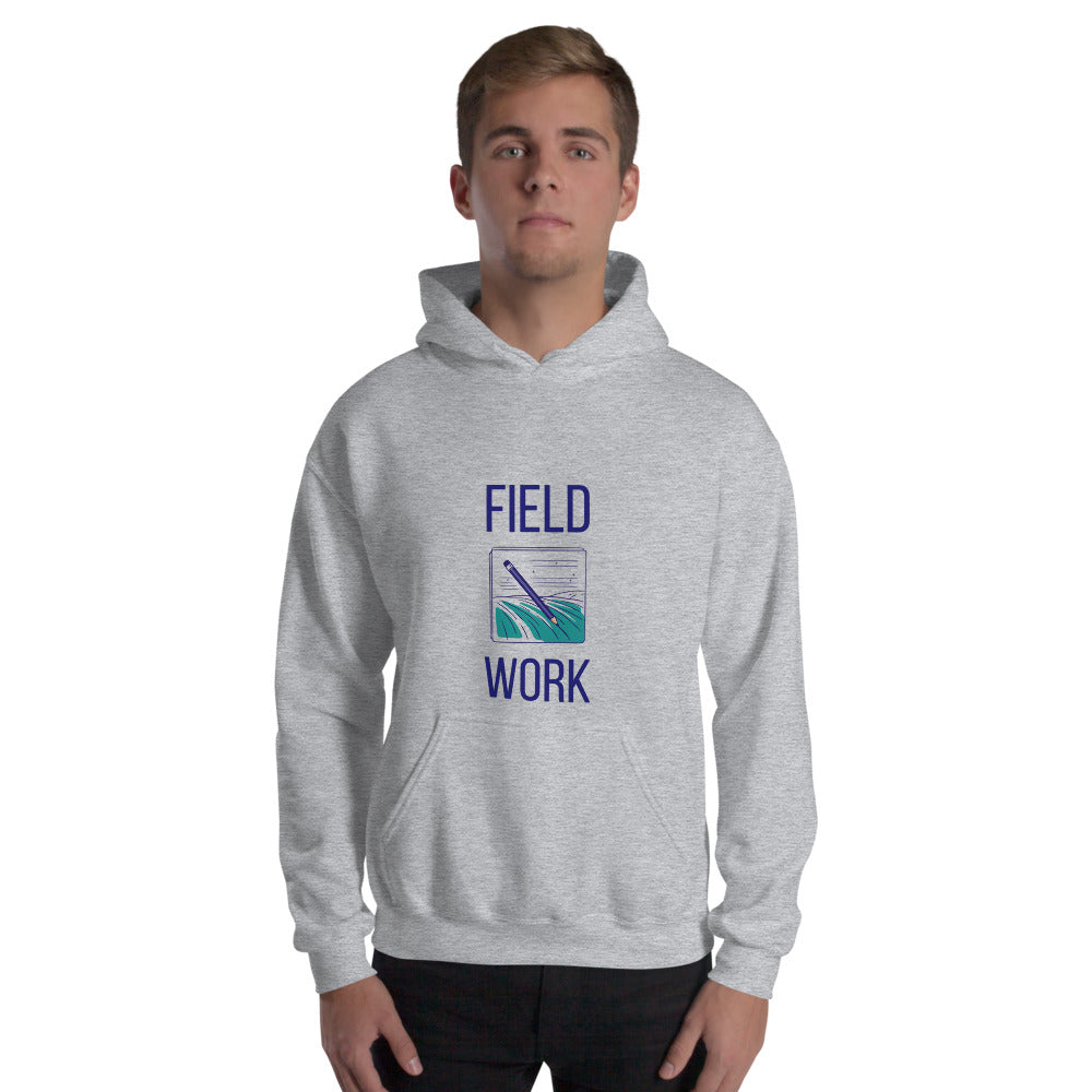 Man wearing the sport grey Field Work astronomy hoodie, front view of the notebook and pencil print