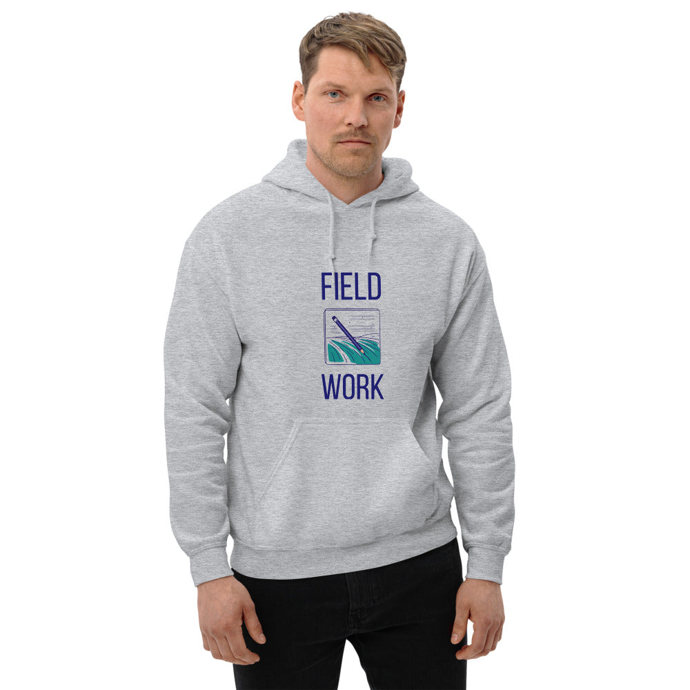 Men's sport grey astronomy hoodie with FIELD WORK lettering around a notebook page, worn front-on
