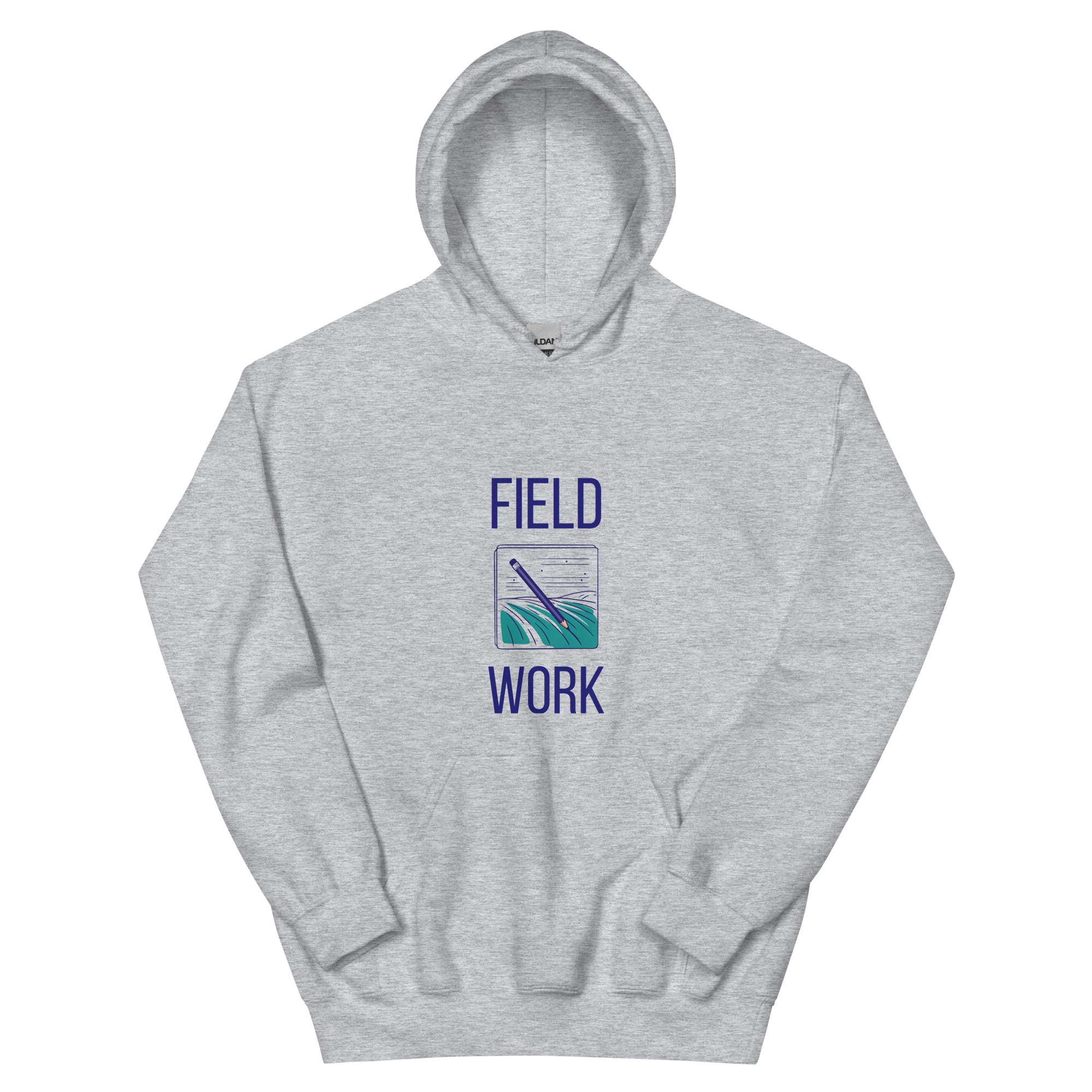 Sport grey Field Work astronomy hoodie product photo, front view of the FIELD WORK notebook print