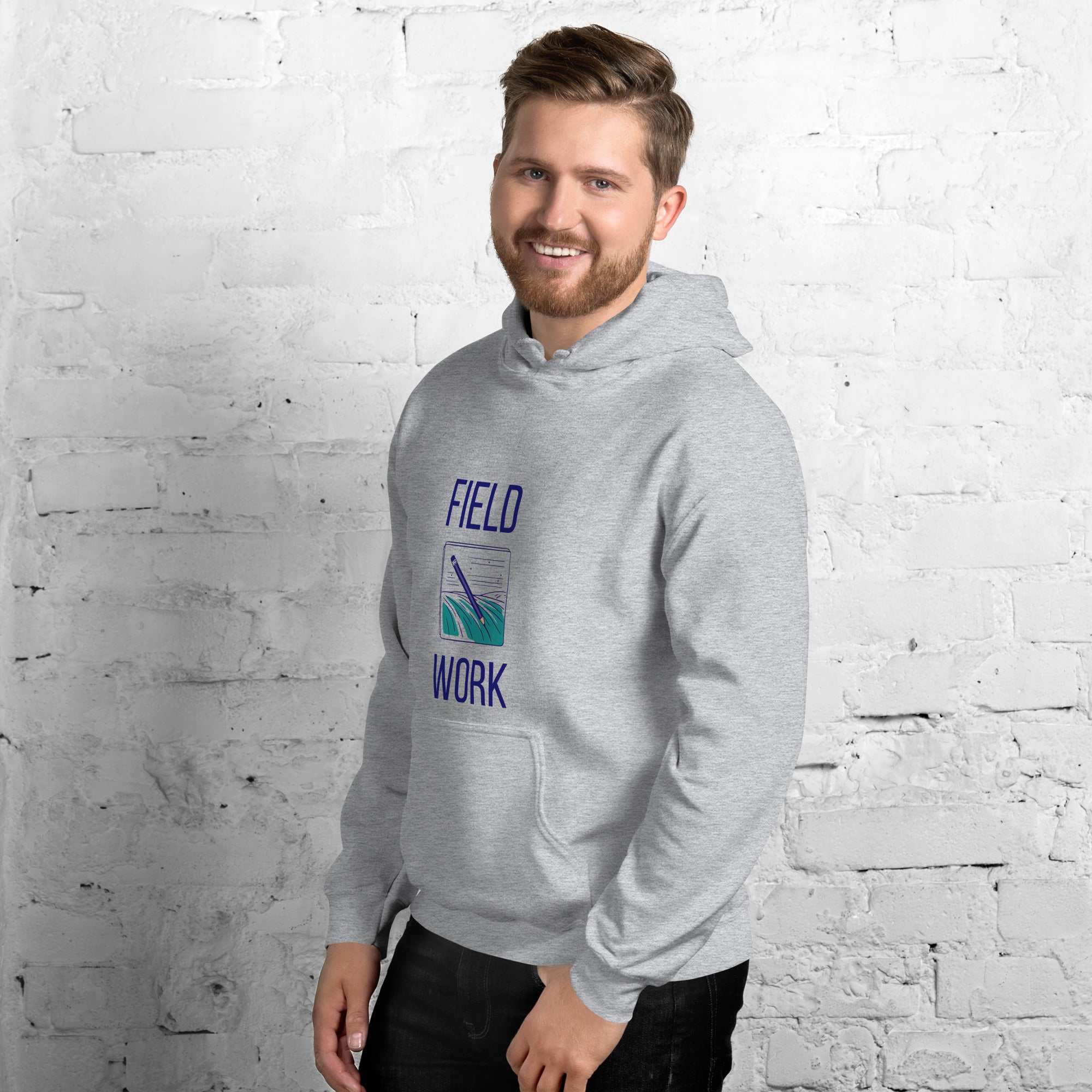 Sport grey Field Work astronomy hoodie, left front angle