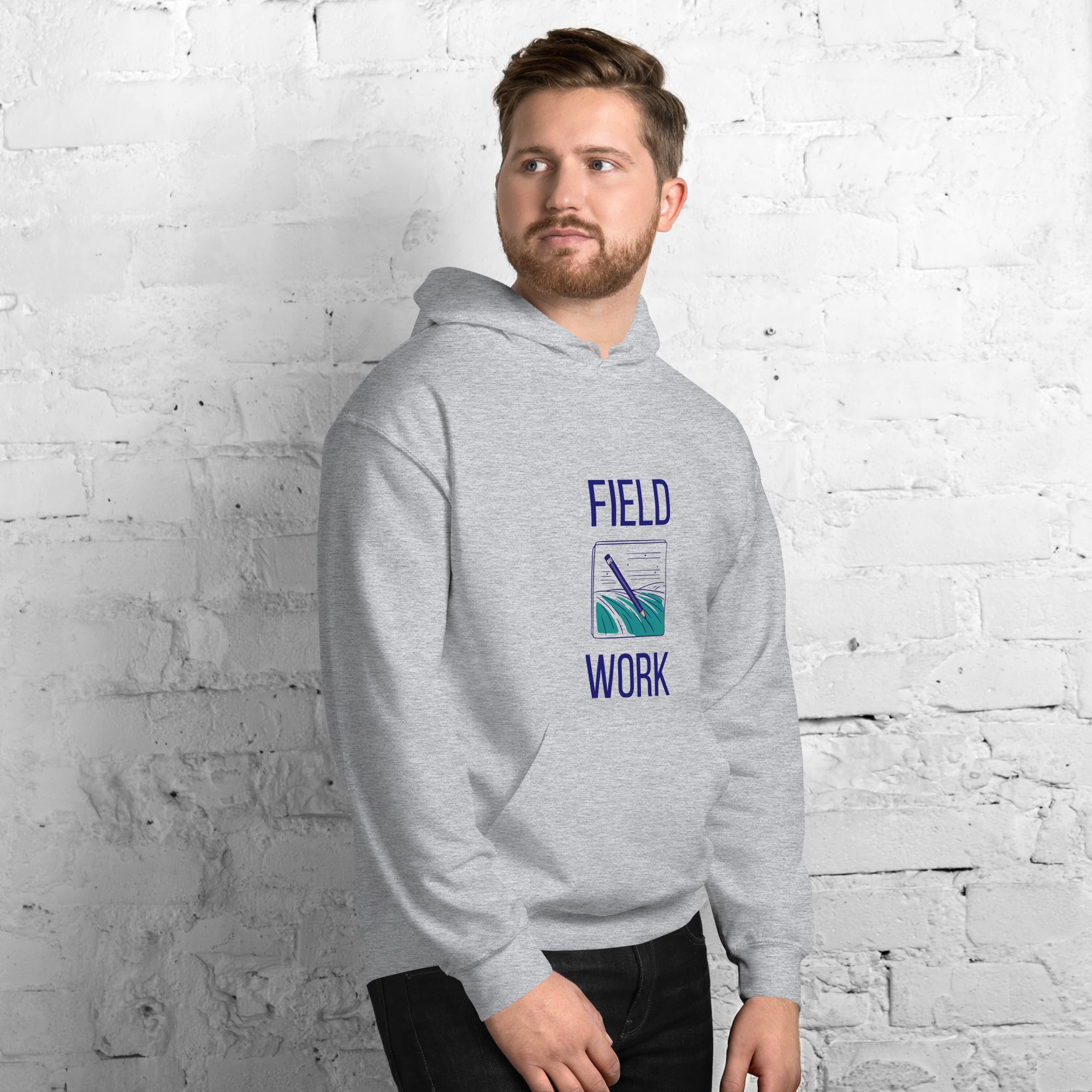 Sport grey Field Work astronomy hoodie, right front angle