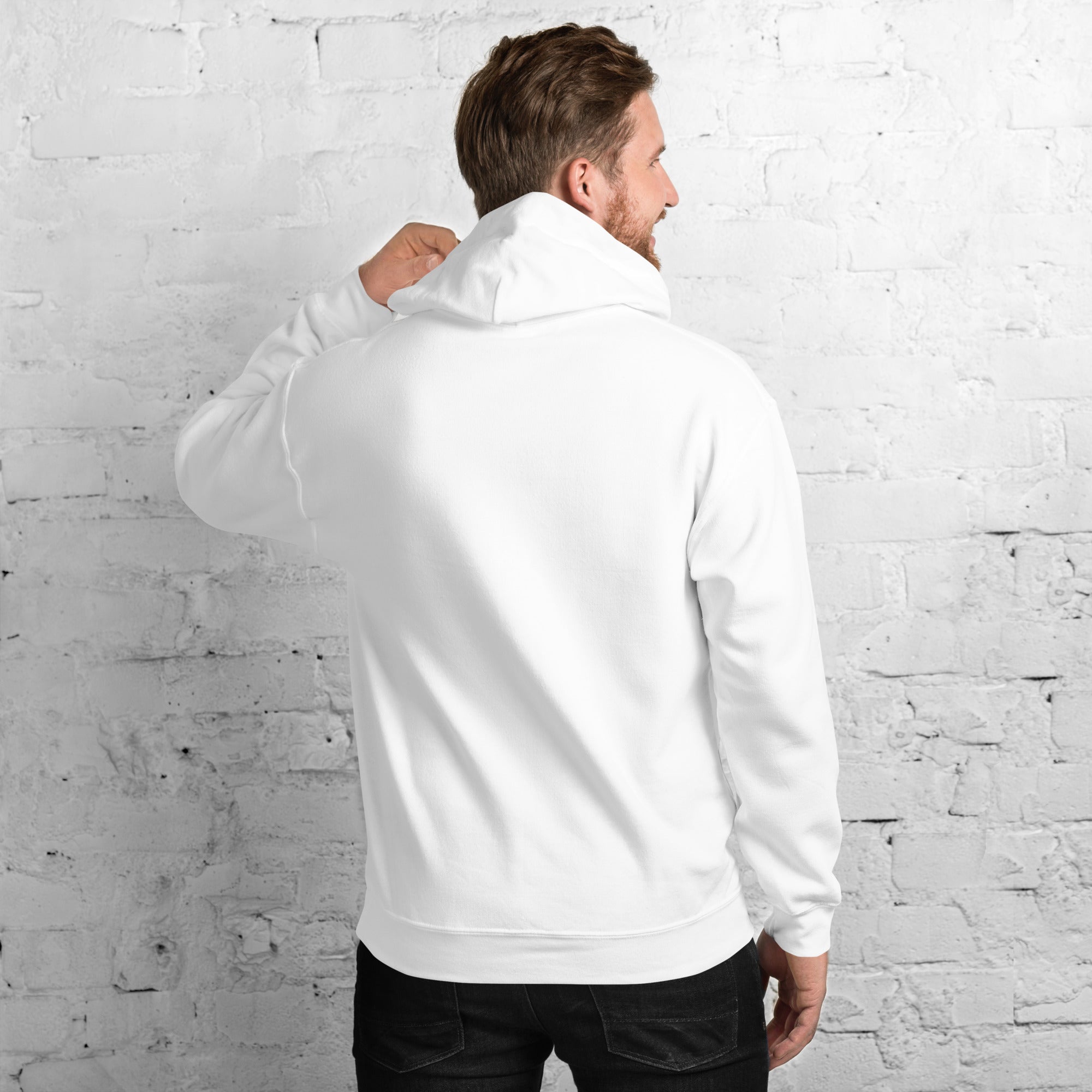 Back of the white Field Work astronomy hoodie, plain with hood