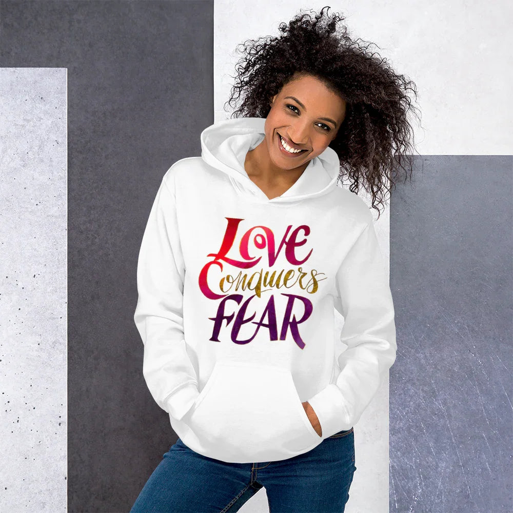 Love Conquers Fear Hoodie – Motivational Gradient Typography - RaZits