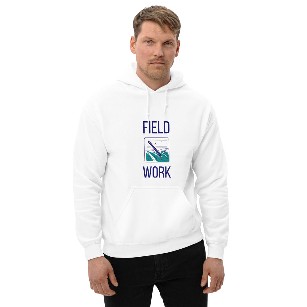Men's white astronomy hoodie with FIELD WORK lettering around a notebook page, worn front-on