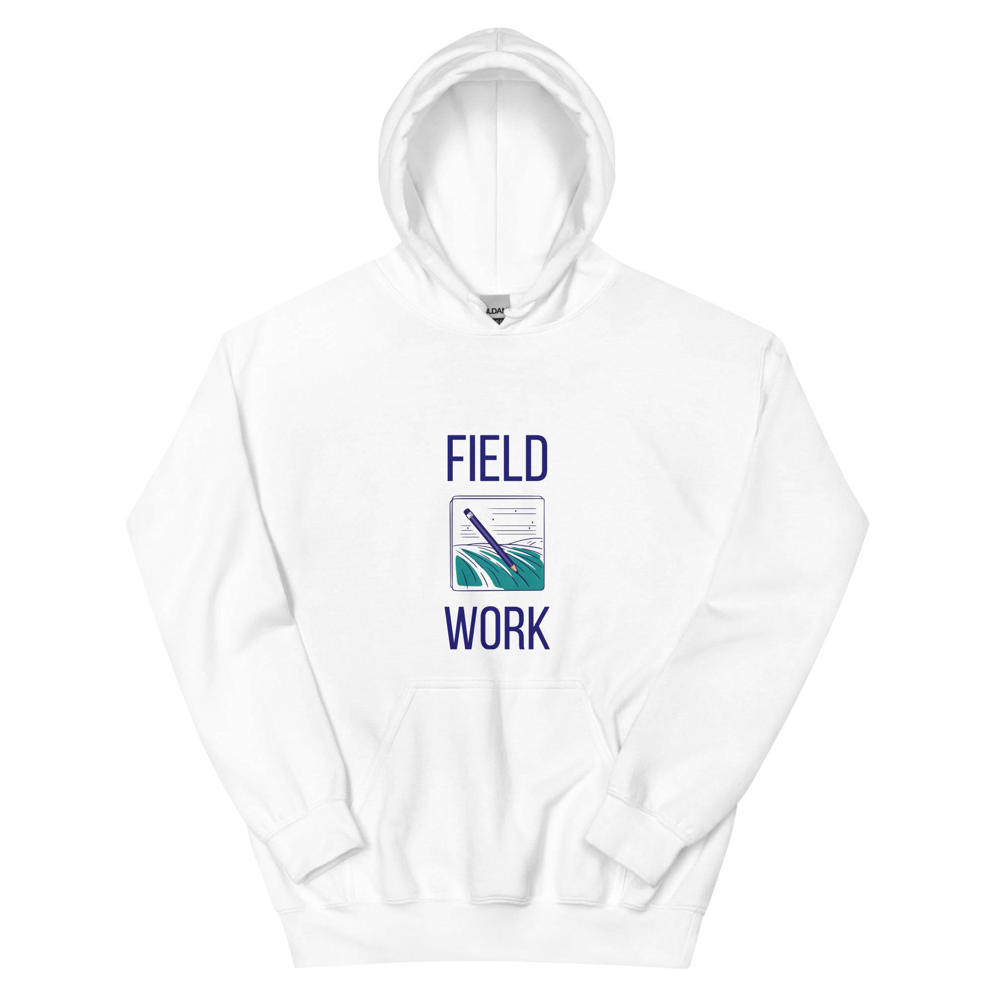White Field Work astronomy hoodie product photo, front view of the FIELD WORK notebook print