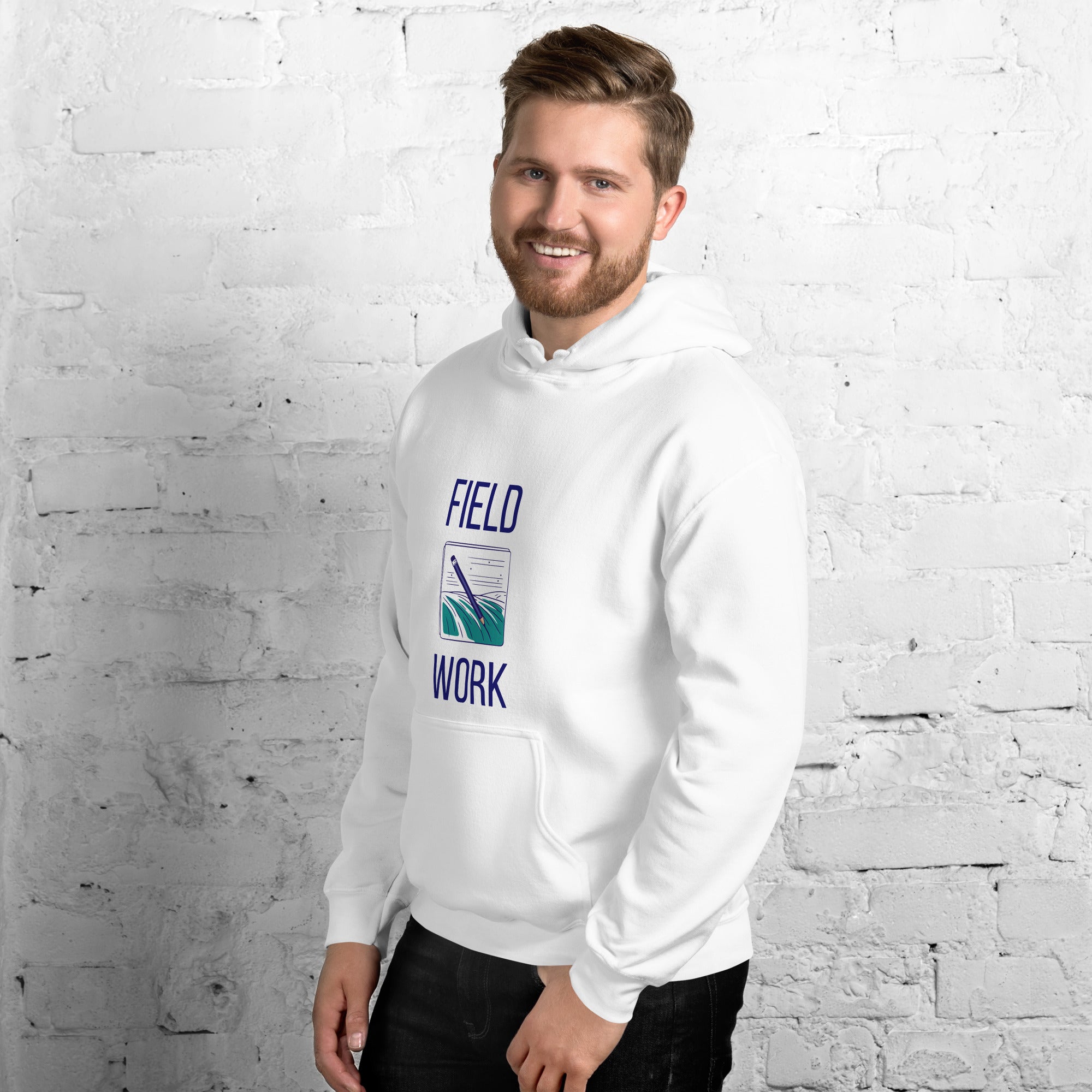 White Field Work astronomy hoodie, left front angle