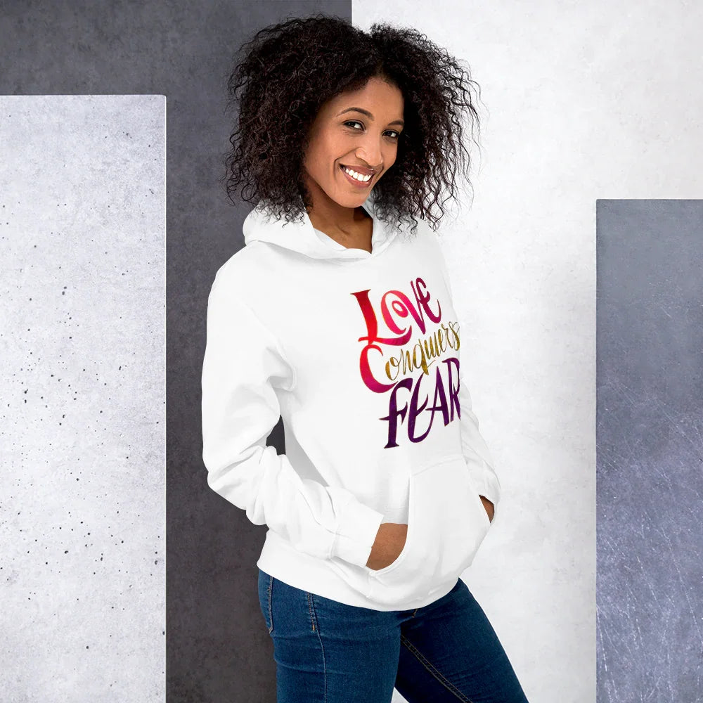 Love Conquers Fear Hoodie – Motivational Gradient Typography - RaZits