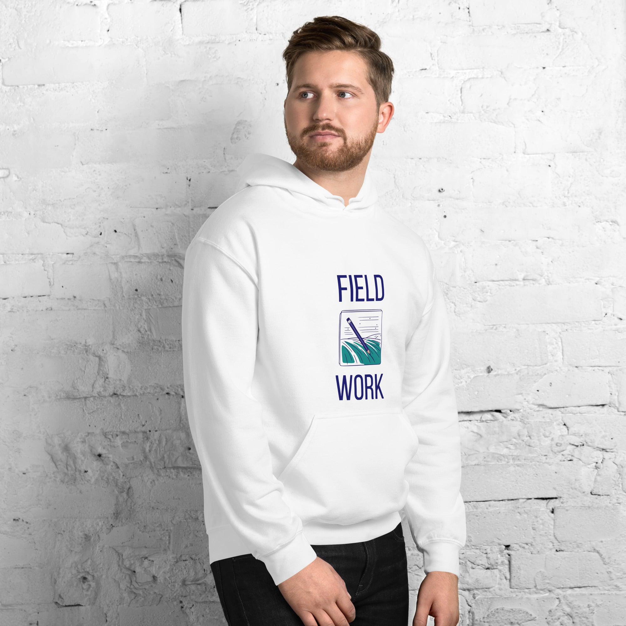 White Field Work astronomy hoodie, right front angle