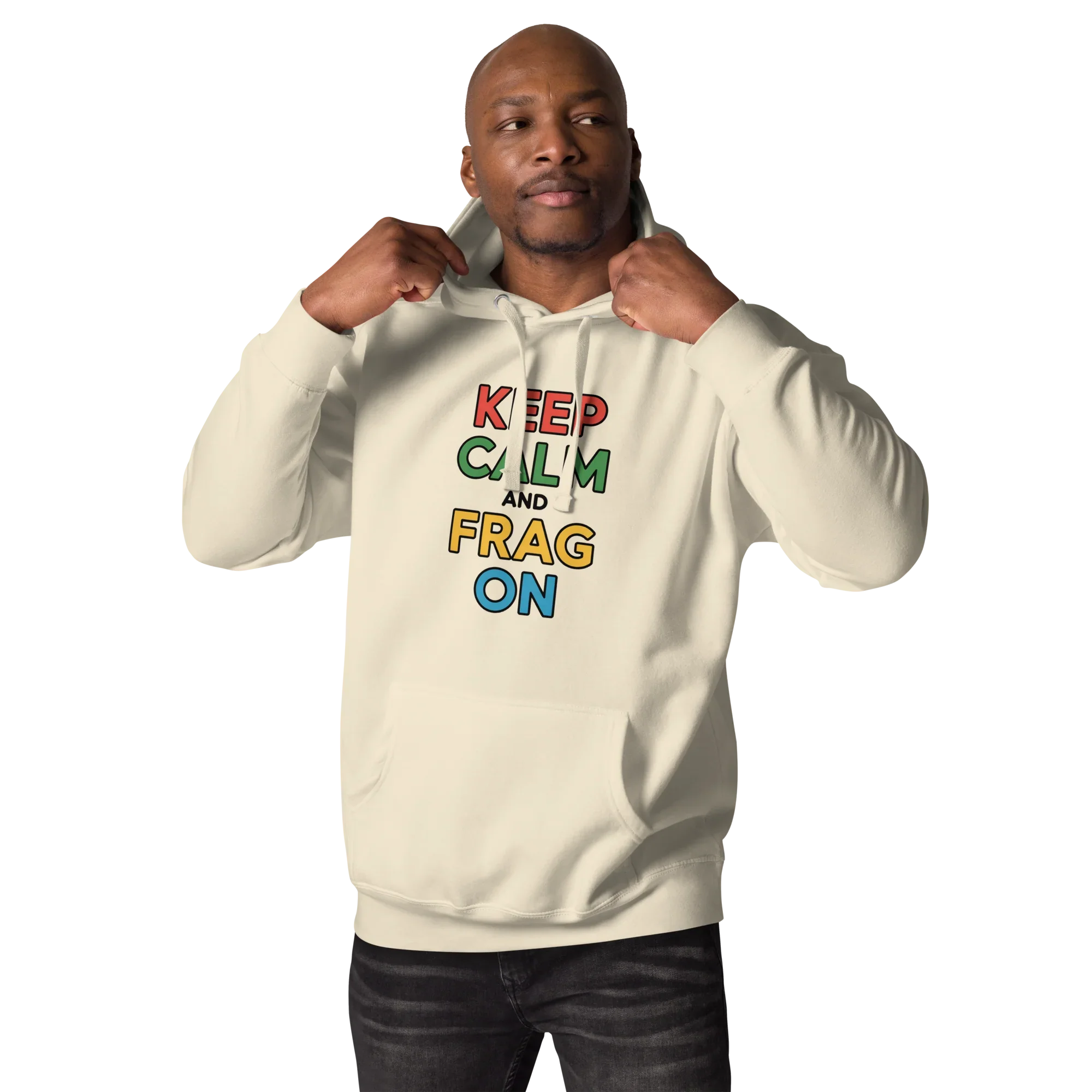 Keep Calm and Frag On Hoodie – Colorful Gamer Quote Design - RaZits