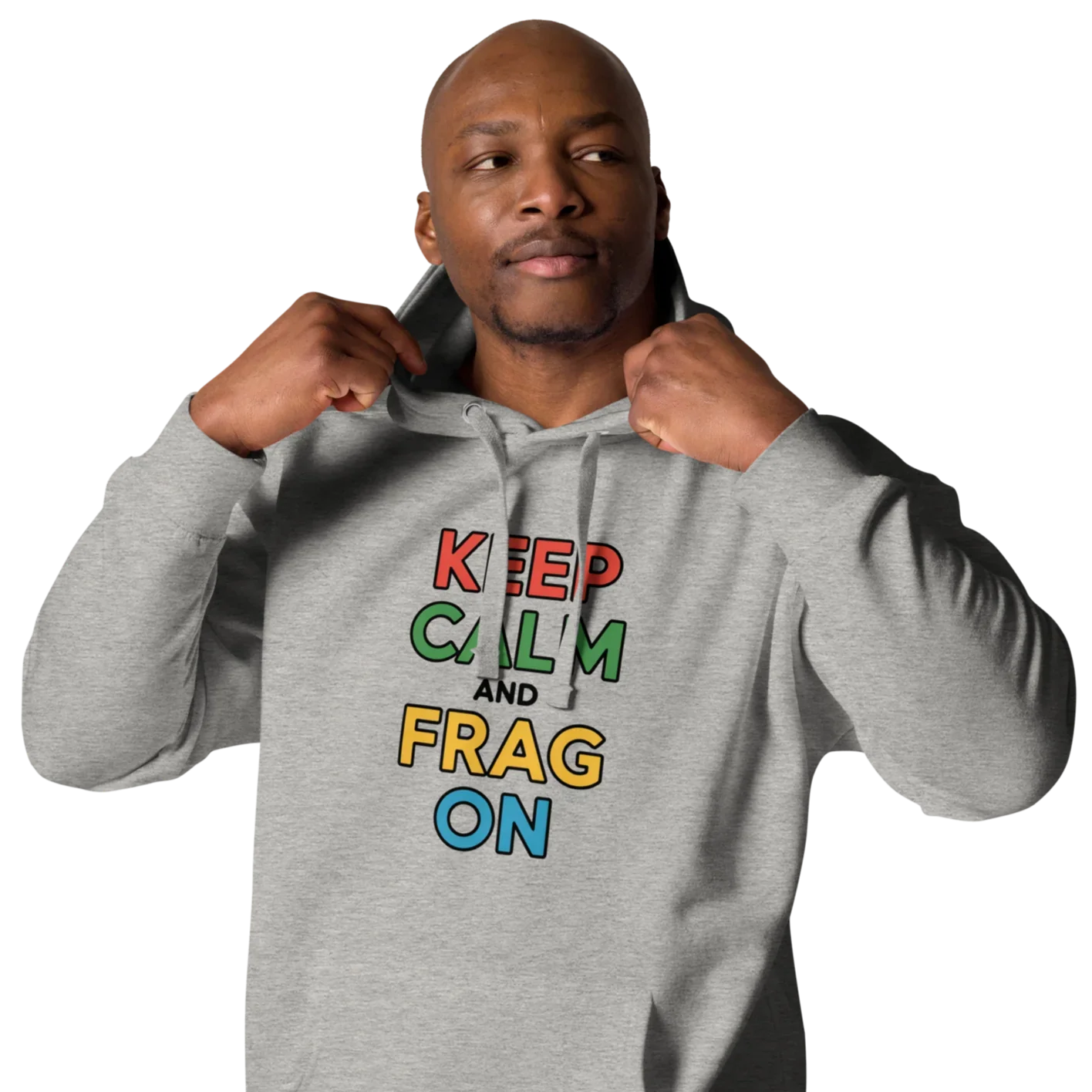 Keep Calm and Frag On Hoodie – Colorful Gamer Quote Design - RaZits