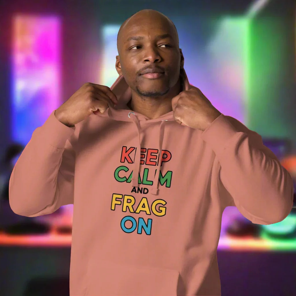 Keep Calm and Frag On Hoodie – Colorful Gamer Quote Design - RaZits