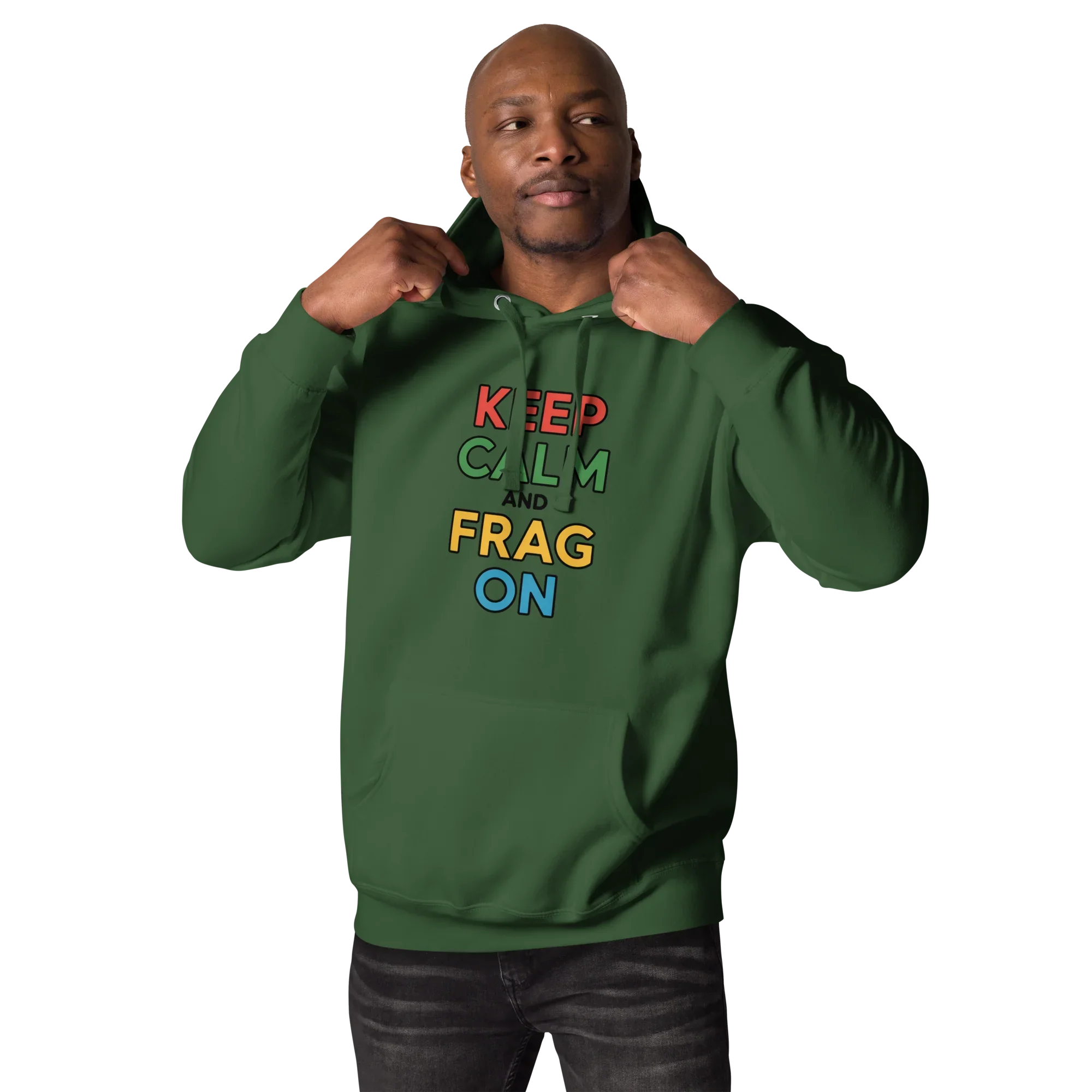 Keep Calm and Frag On Hoodie – Colorful Gamer Quote Design - RaZits