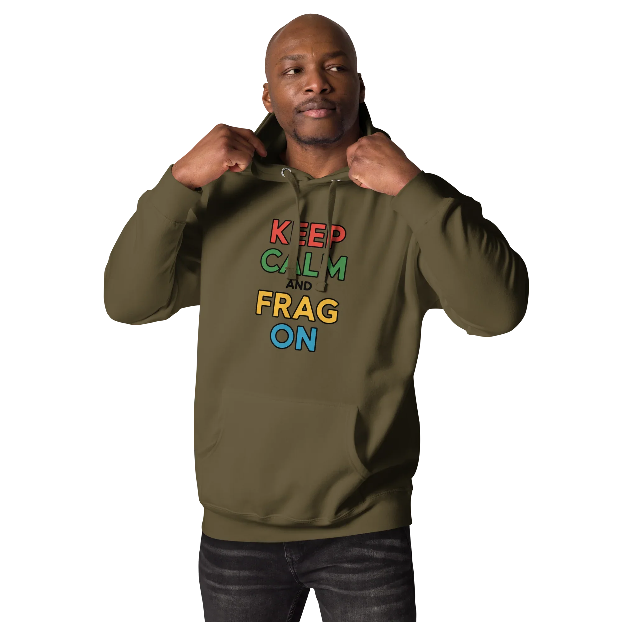 Keep Calm and Frag On Hoodie – Colorful Gamer Quote Design - RaZits