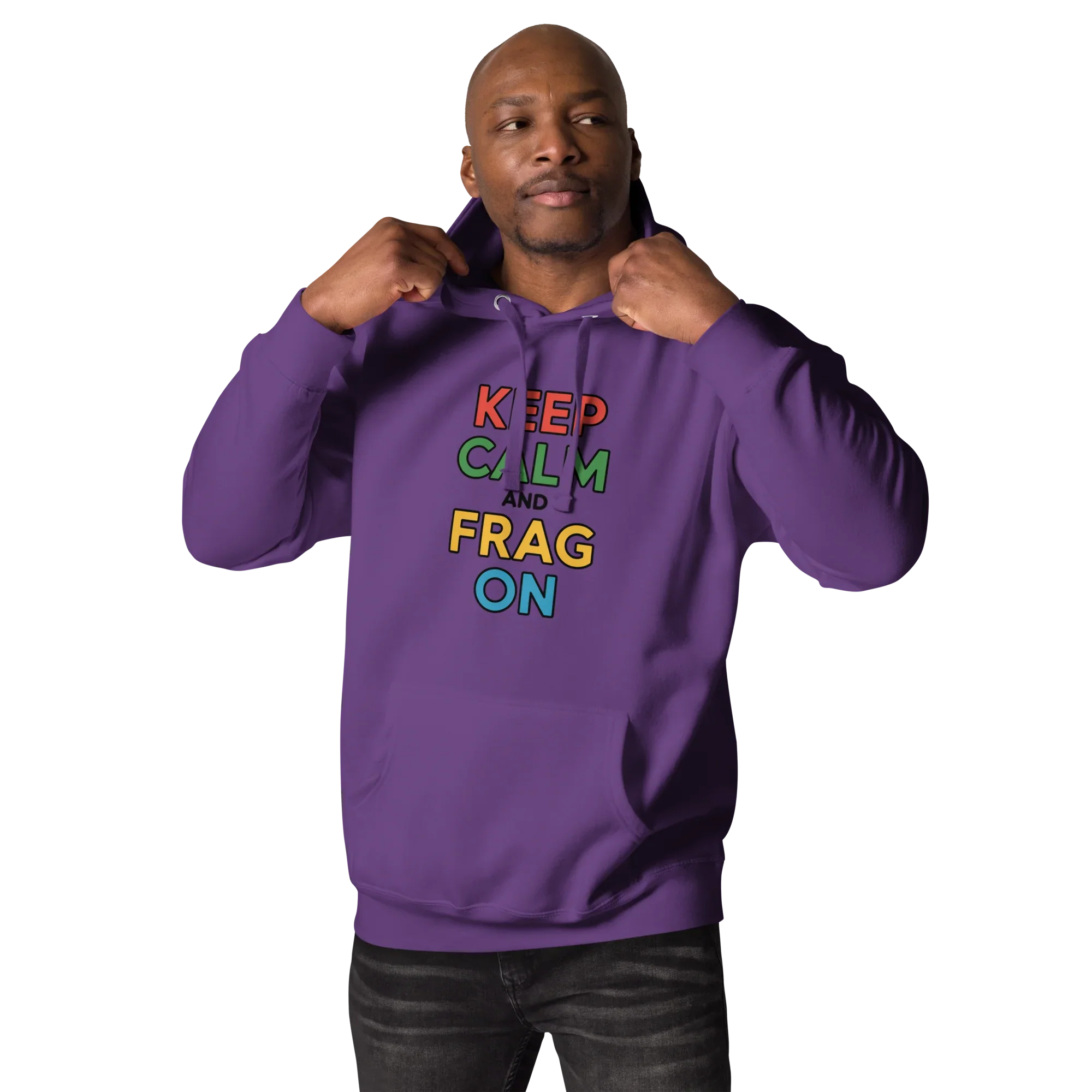 Keep Calm and Frag On Hoodie – Colorful Gamer Quote Design - RaZits