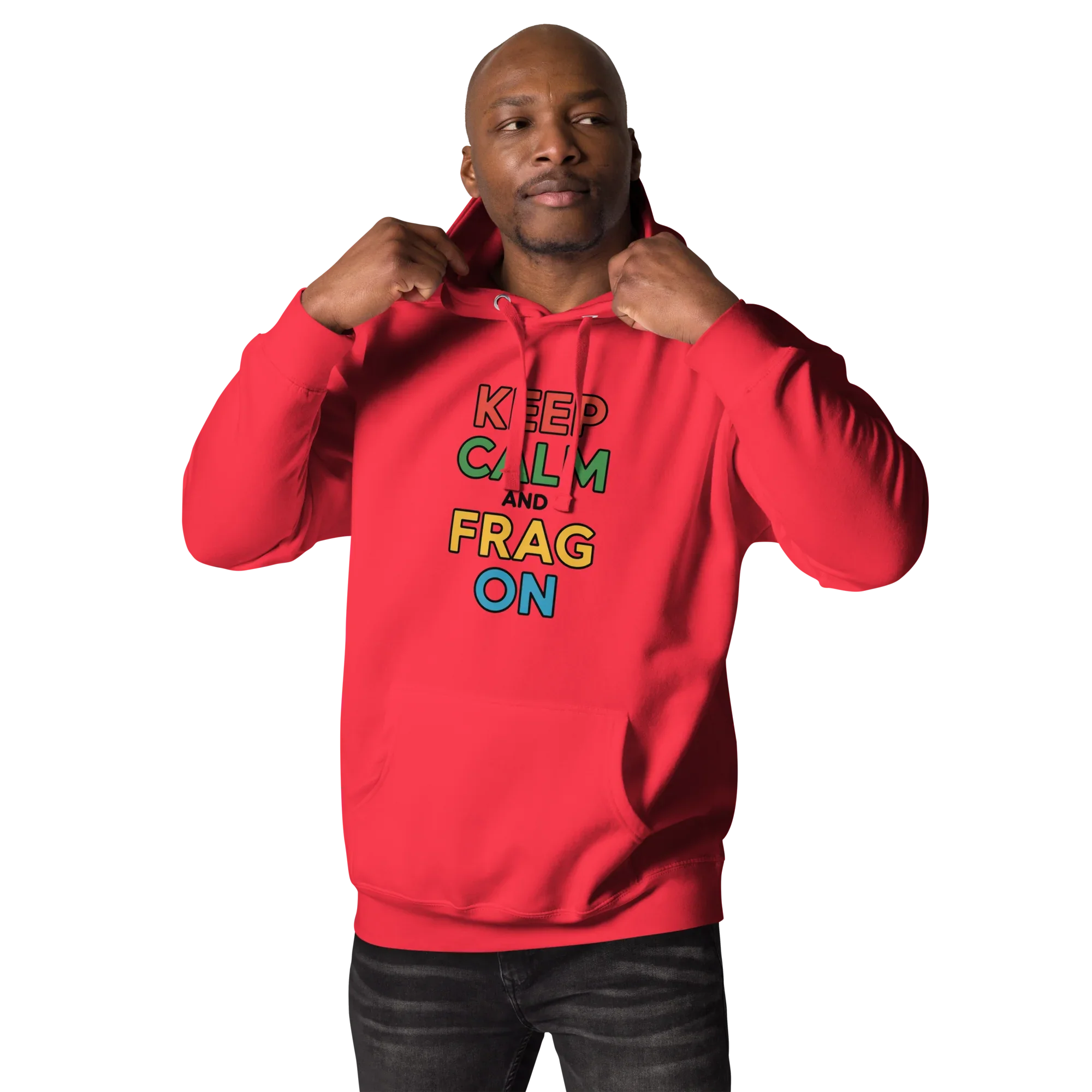 Keep Calm and Frag On Hoodie – Colorful Gamer Quote Design - RaZits