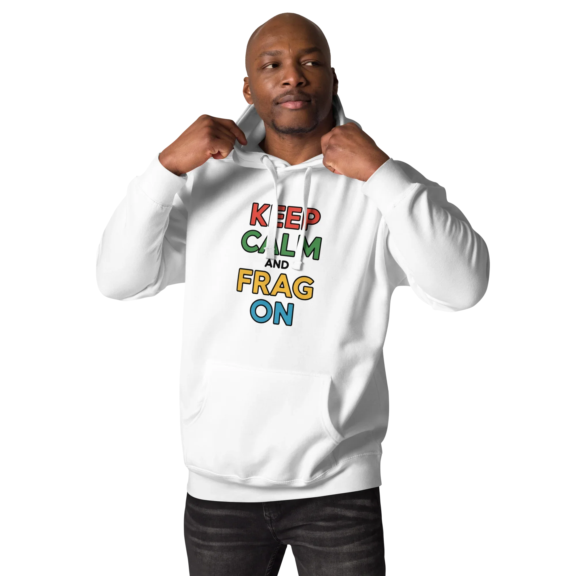 Keep Calm and Frag On Hoodie – Colorful Gamer Quote Design - RaZits