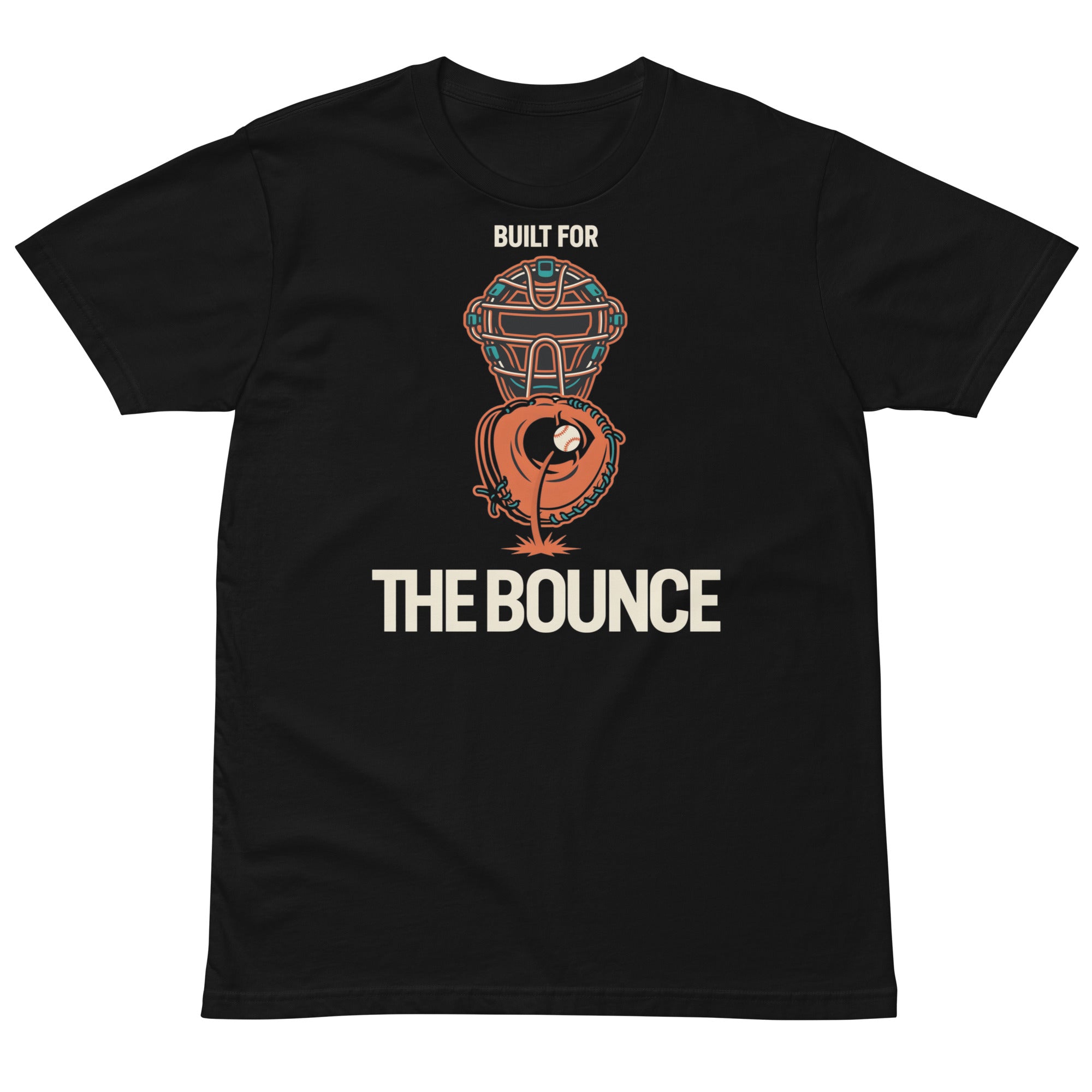 Front view of the Baseball Catcher Shirt – Built for the Bounce design on a black cotton T-shirt.