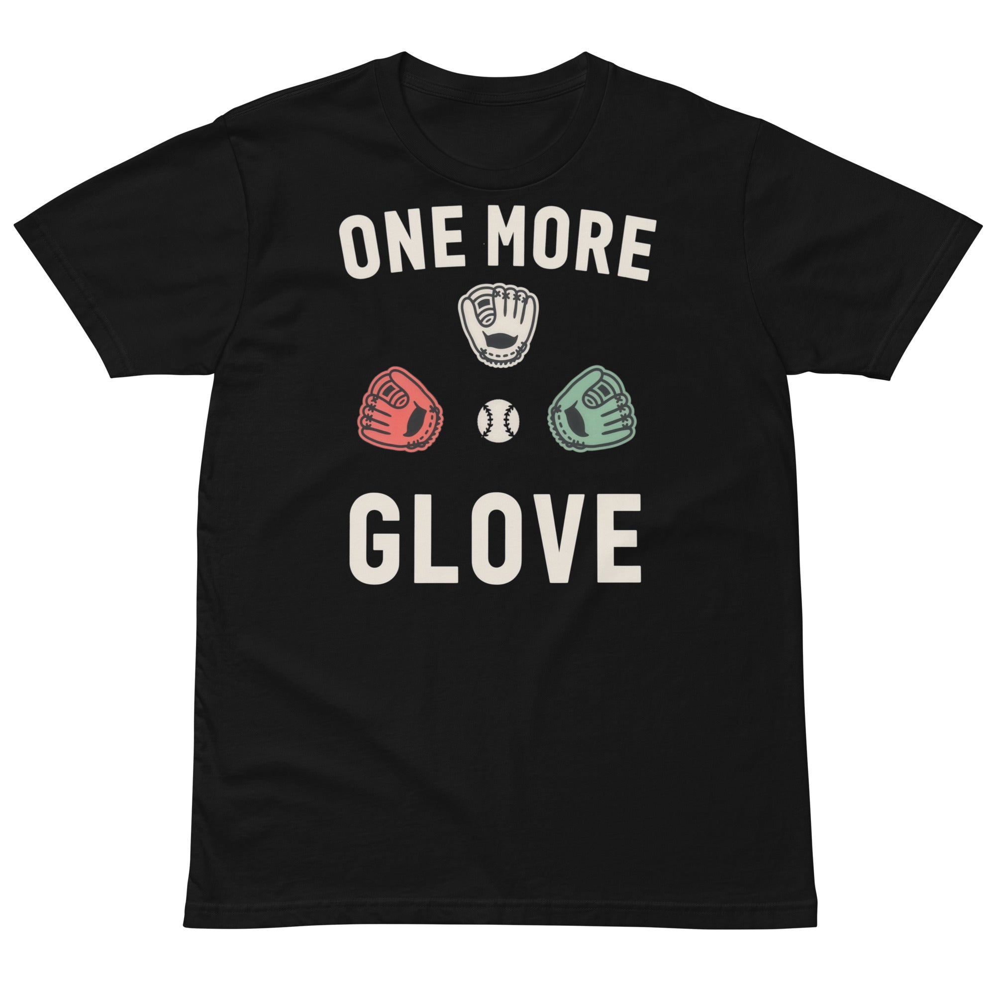 Front view of the Adult Baseball Shirt – One More Glove design on a black cotton T-shirt.
