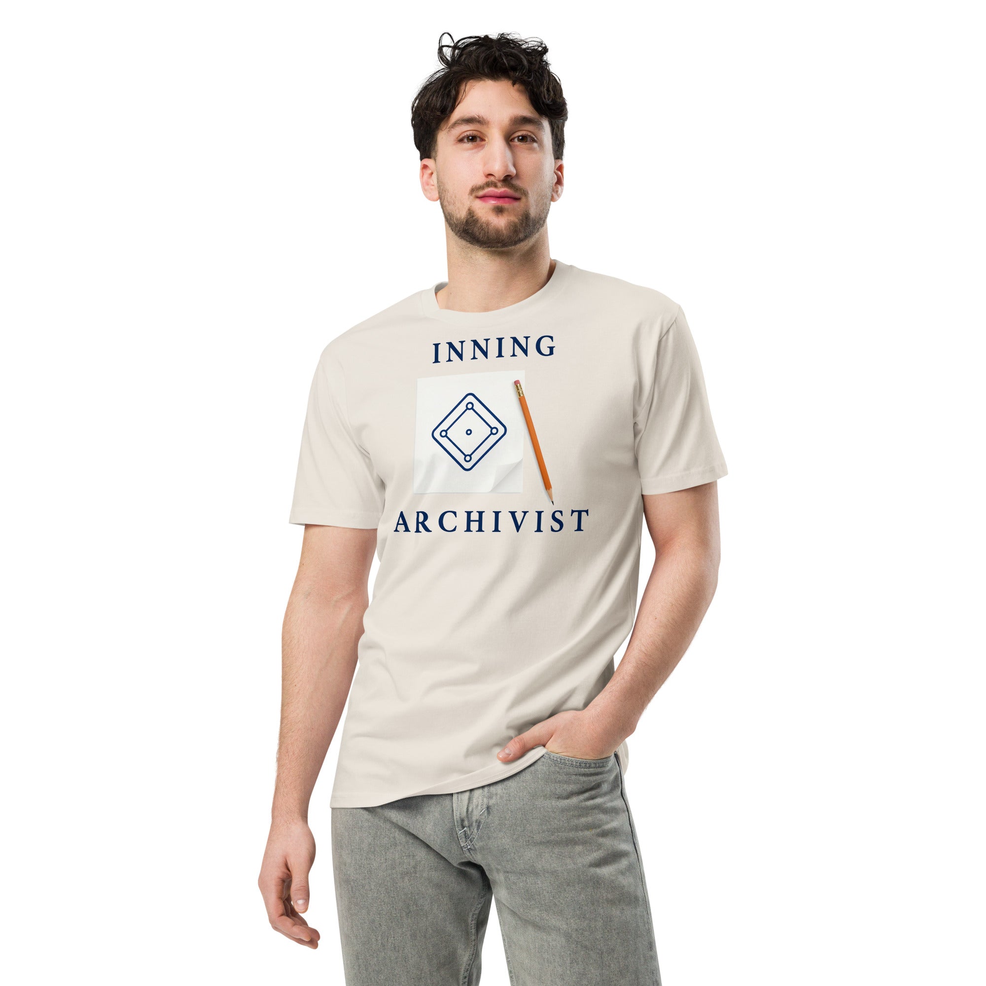 Front view of a man wearing the Scorekeeper Shirt – Inning Archivist cotton T-shirt in bone.