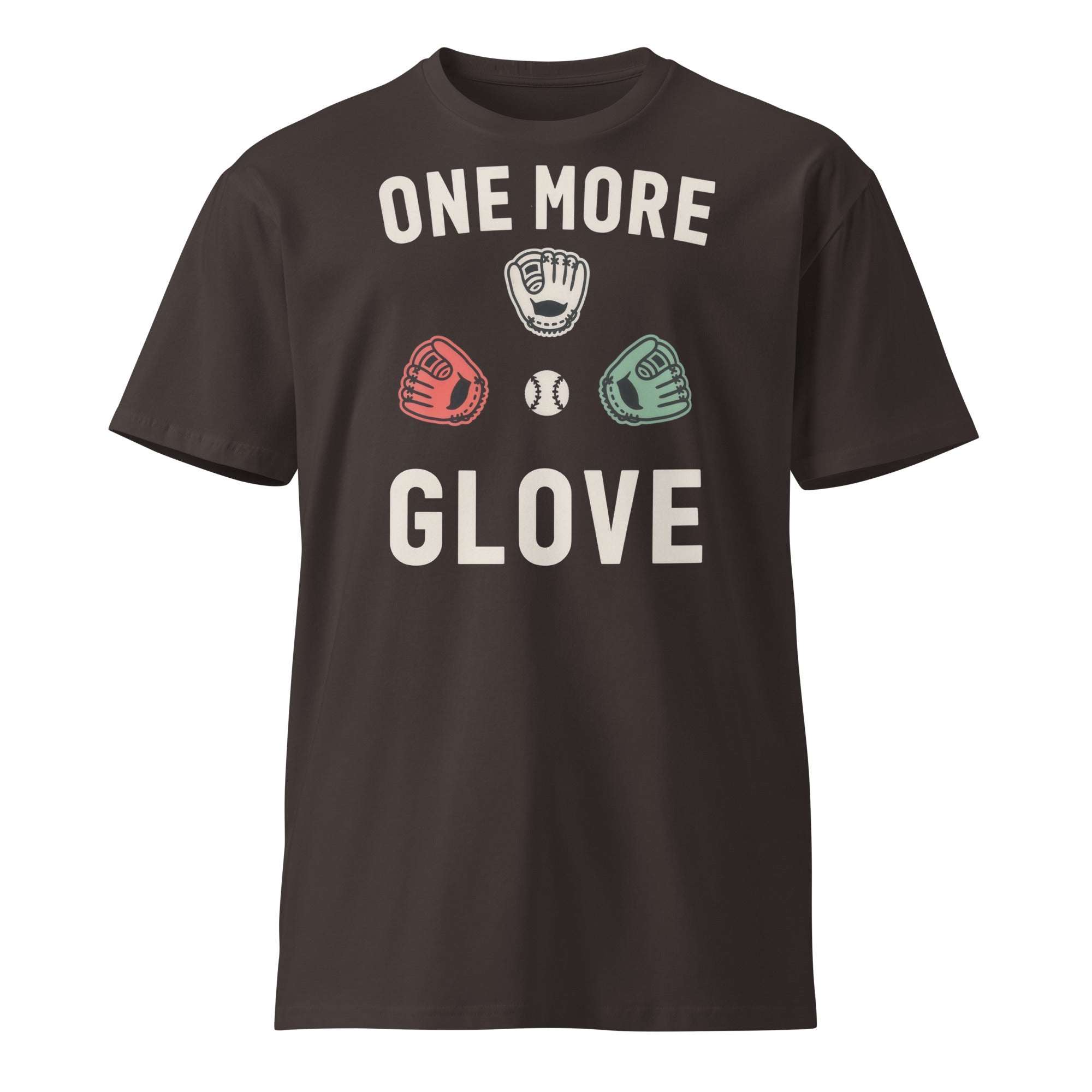 Front view of the Adult Baseball Shirt – One More Glove design on a coal cotton T-shirt.