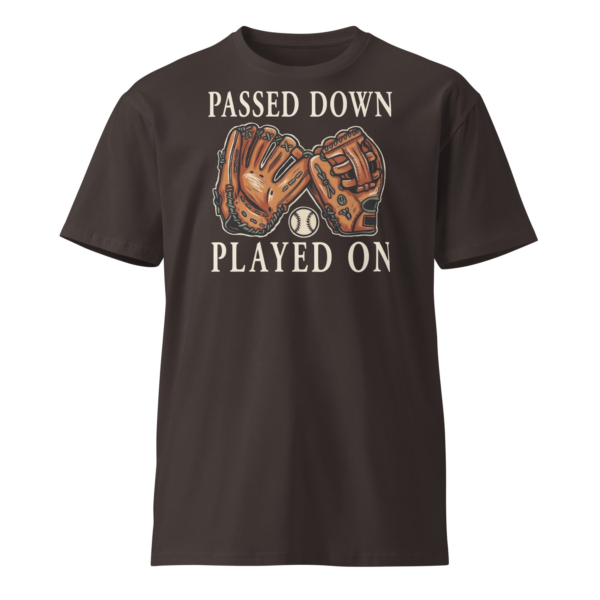 Front view of the Baseball Dad Shirt – Passed Down, Played On design on a coal cotton T-shirt.