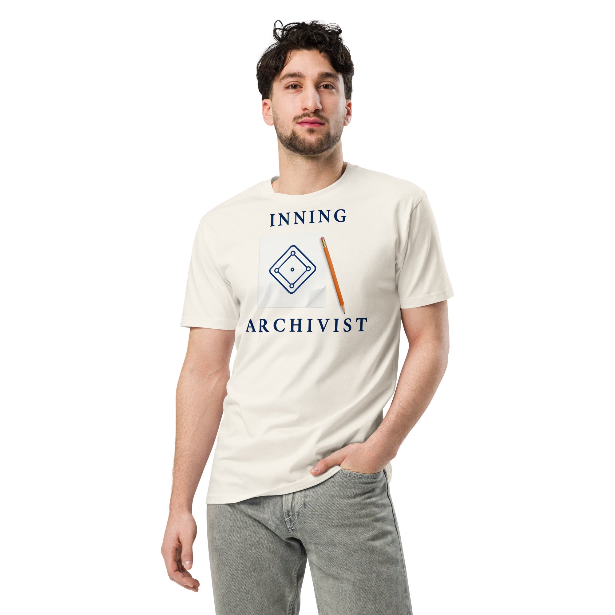 Front view of a man wearing the Scorekeeper Shirt – Inning Archivist cotton T-shirt in ecru.