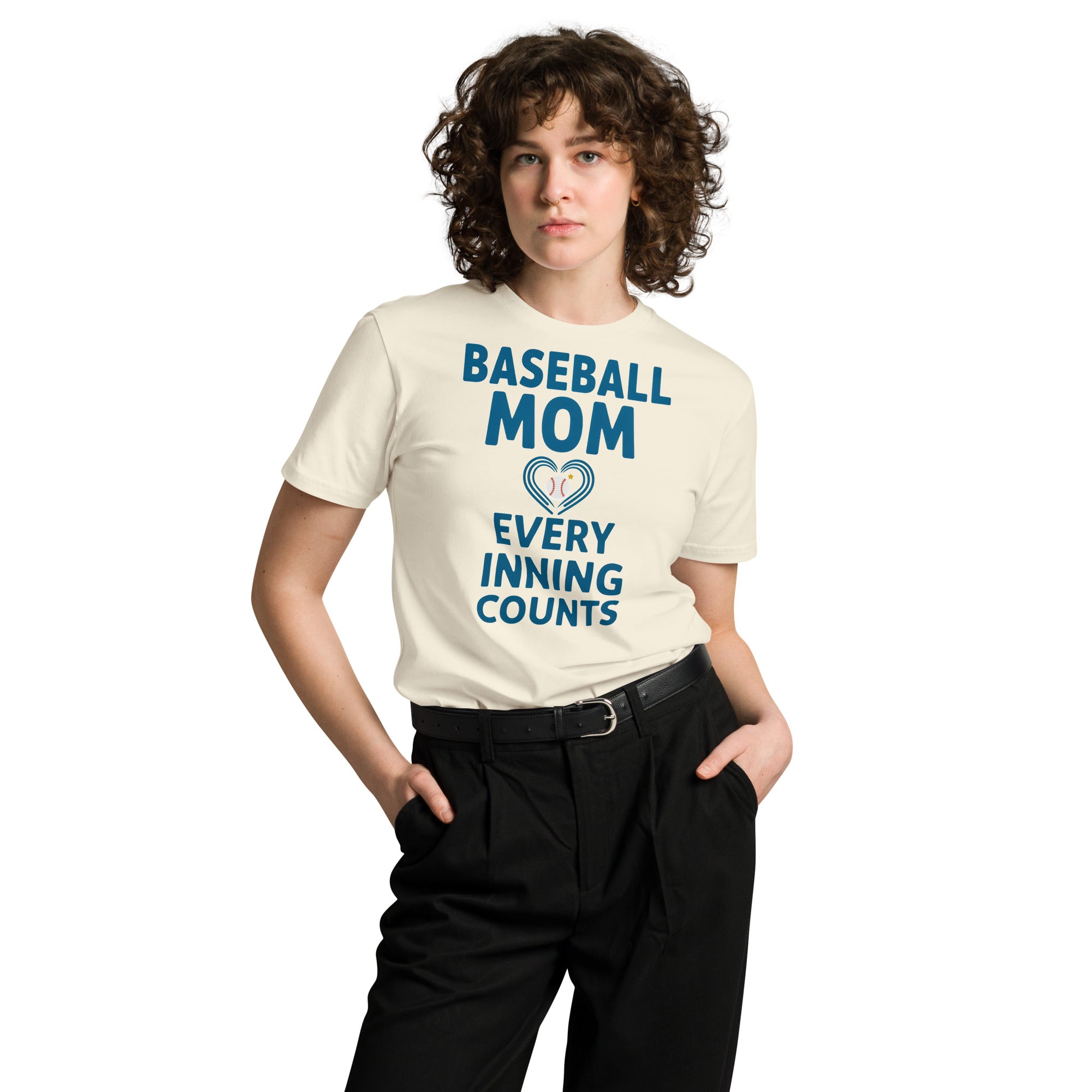 Front view of a woman wearing the Baseball Mom Shirt – Every Inning Counts cotton T-shirt in natural.