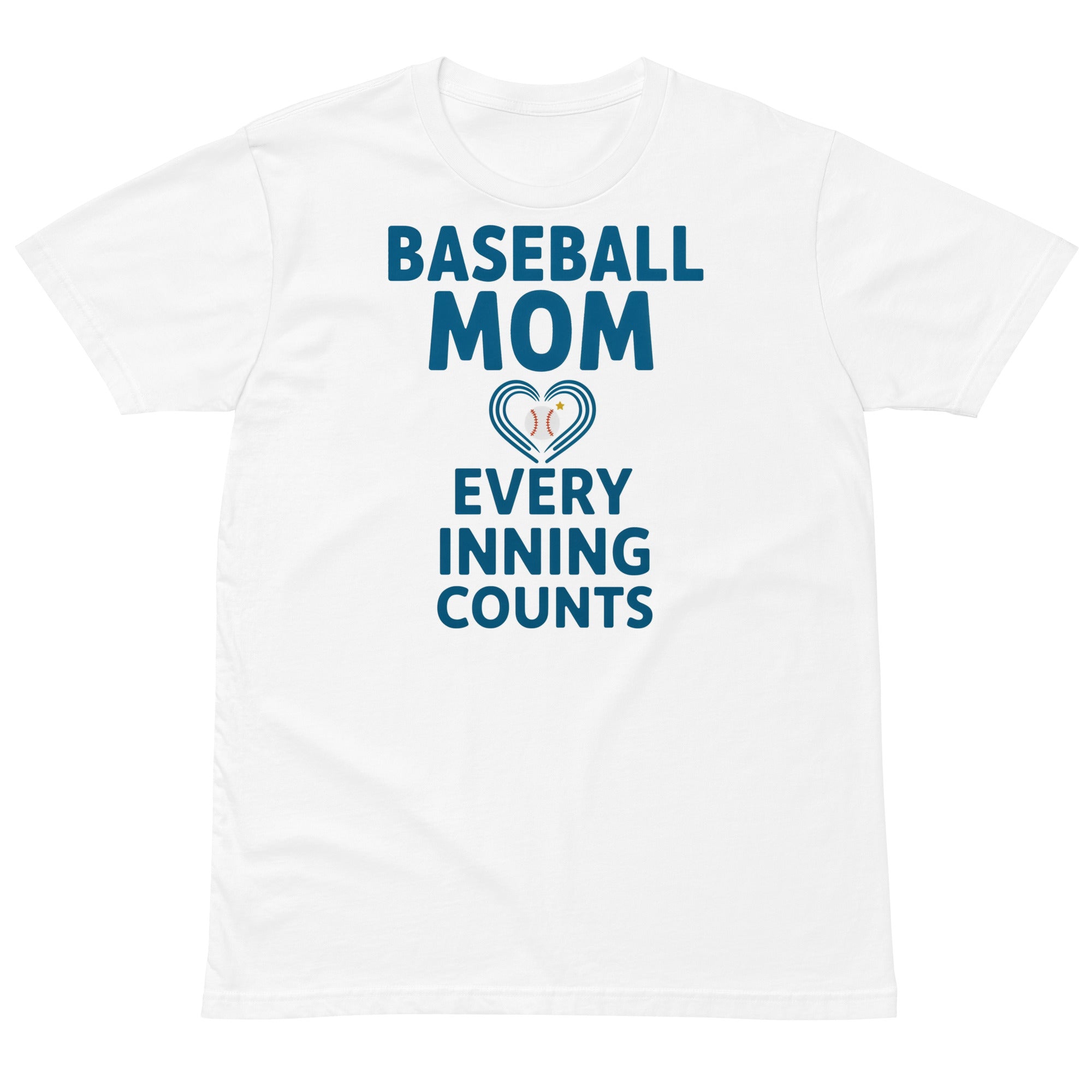 Front view of the Baseball Mom Shirt – Every Inning Counts design on a white cotton T-shirt.