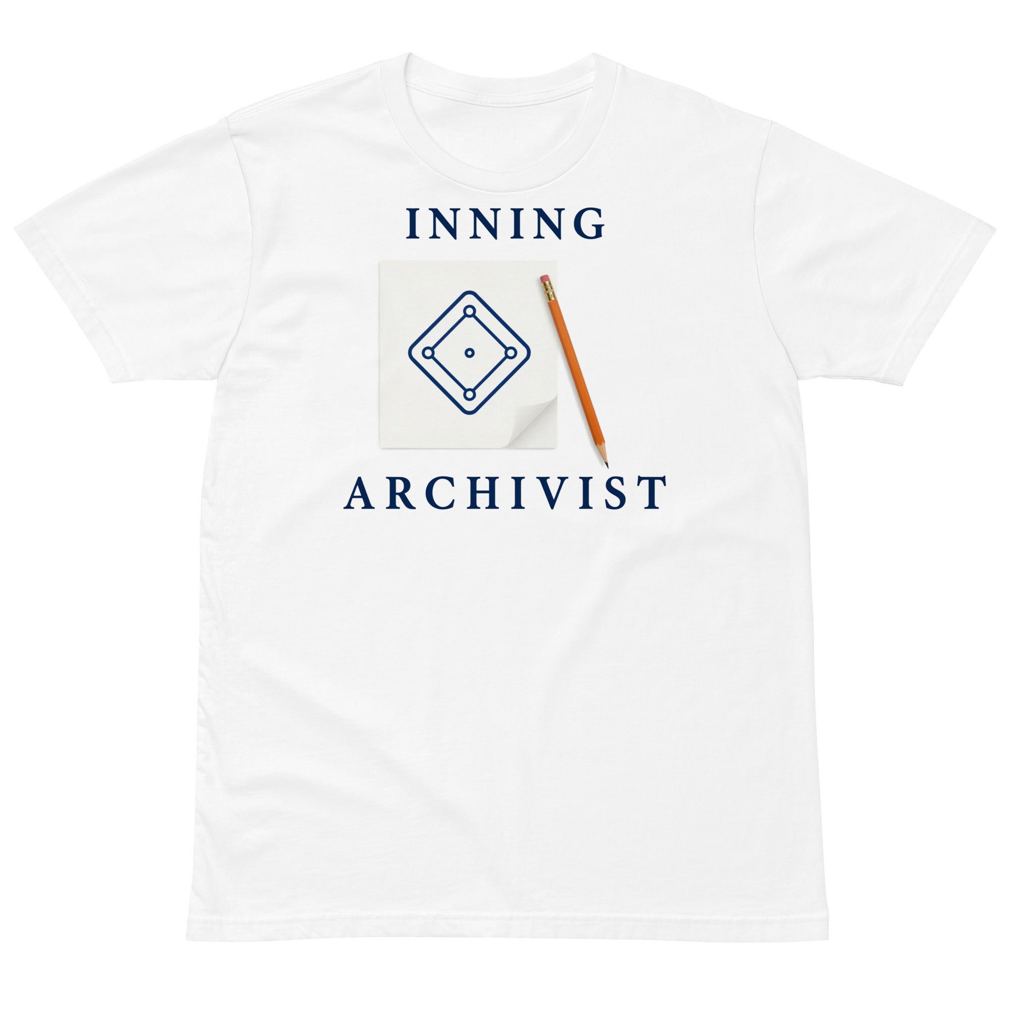 Front view of the Scorekeeper Shirt – Inning Archivist design on a white cotton T-shirt.