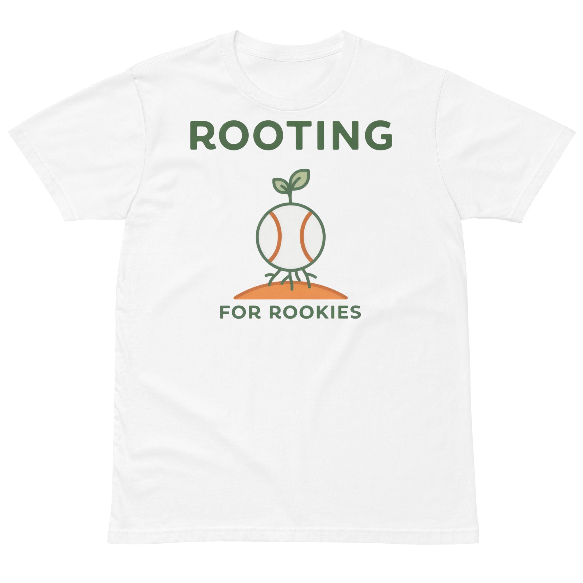 Front view of the Baseball Coach Shirt – Rooting for Rookies design on a white cotton T-shirt.