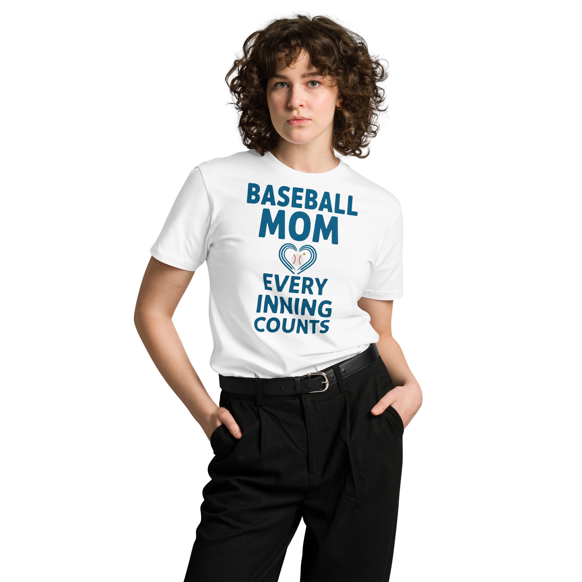 Front view of a woman wearing the Baseball Mom Shirt – Every Inning Counts cotton T-shirt in white.